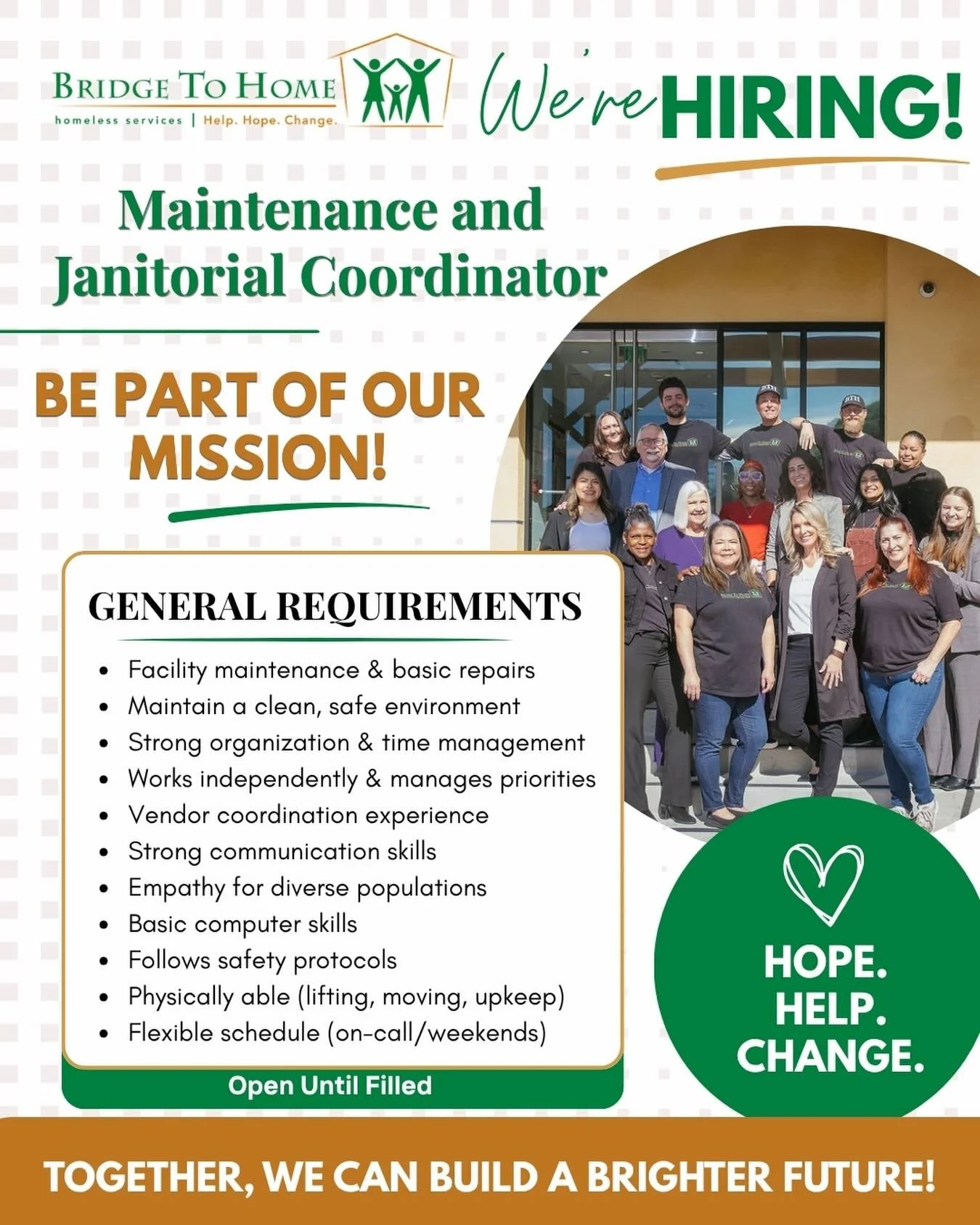 We&rsquo;re HIRING &mdash; Come Make an Impact with Us! 💚

Are you someone who takes pride in creating safe, clean, and welcoming spaces? Bridge to Home is looking for a Maintenance &amp; Janitorial Coordinator to help keep our shelter running smoot