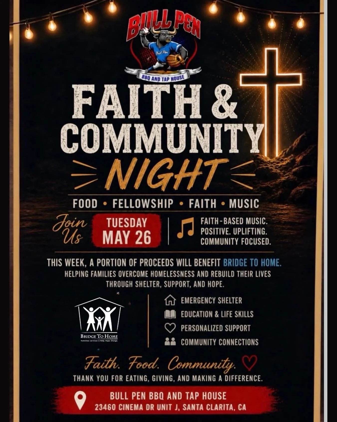 Join us tonight at Bull Pen BBQ &amp; Tap House (@bullpenbbqandtaphouse) for a Community Night supporting Bridge to Home. Come together through great food, music, and giving back while helping support individuals and families experiencing homelessnes