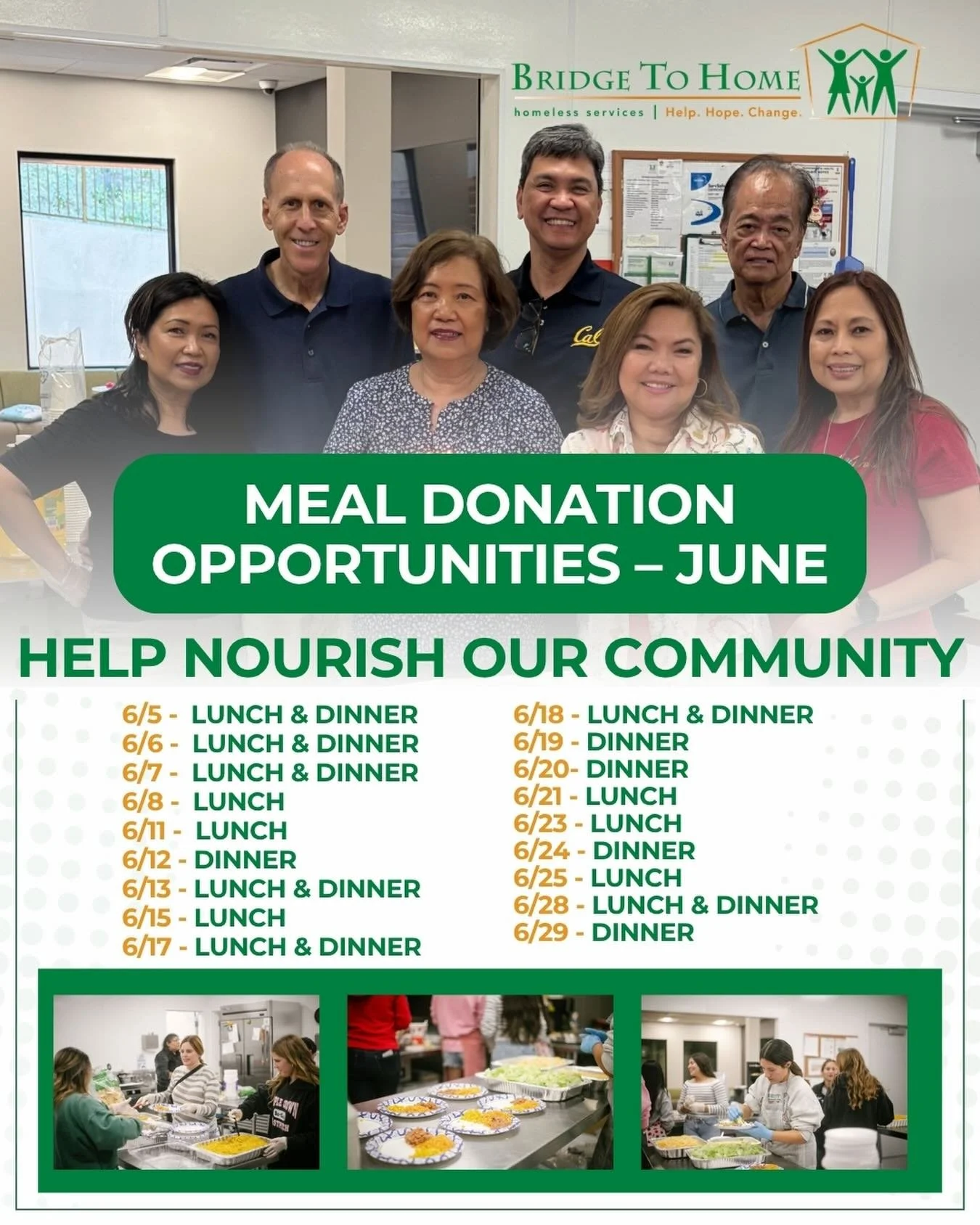 🍽️ June Meal Donation Opportunities are OPEN! 💚✨

Looking for an easy way to make a real impact this month? Help us nourish our community by signing up to provide a lunch or dinner at Bridge to Home. Whether you gather coworkers, friends, family, o