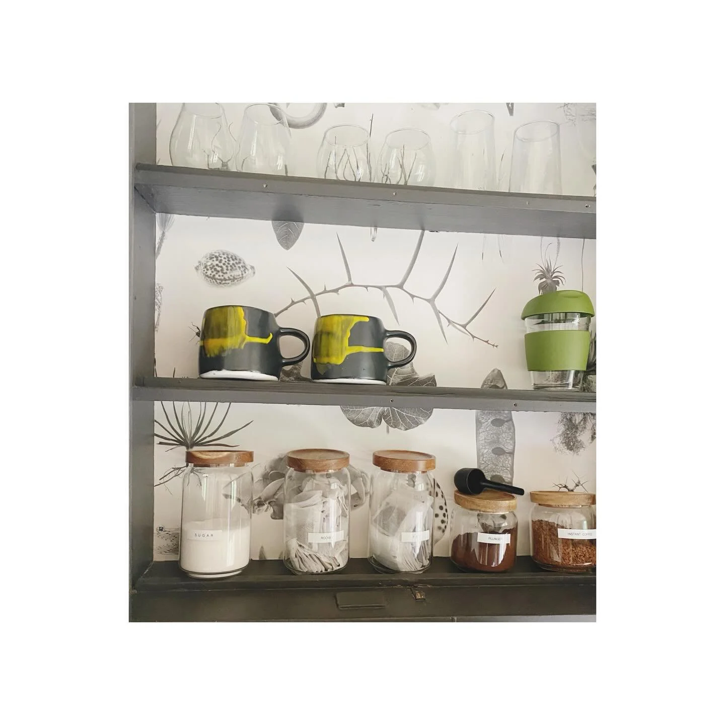 Upcycled sideboard to wall cupboard in the Garden Room. Bit of paint and Clinton Friedman wallpaper. Now houses glassware and condiments, and gorgeous @frolicceramics mugs 😍💙 

#avillagestay #shorttermaccommodation #matakana #matakanavillage #matak