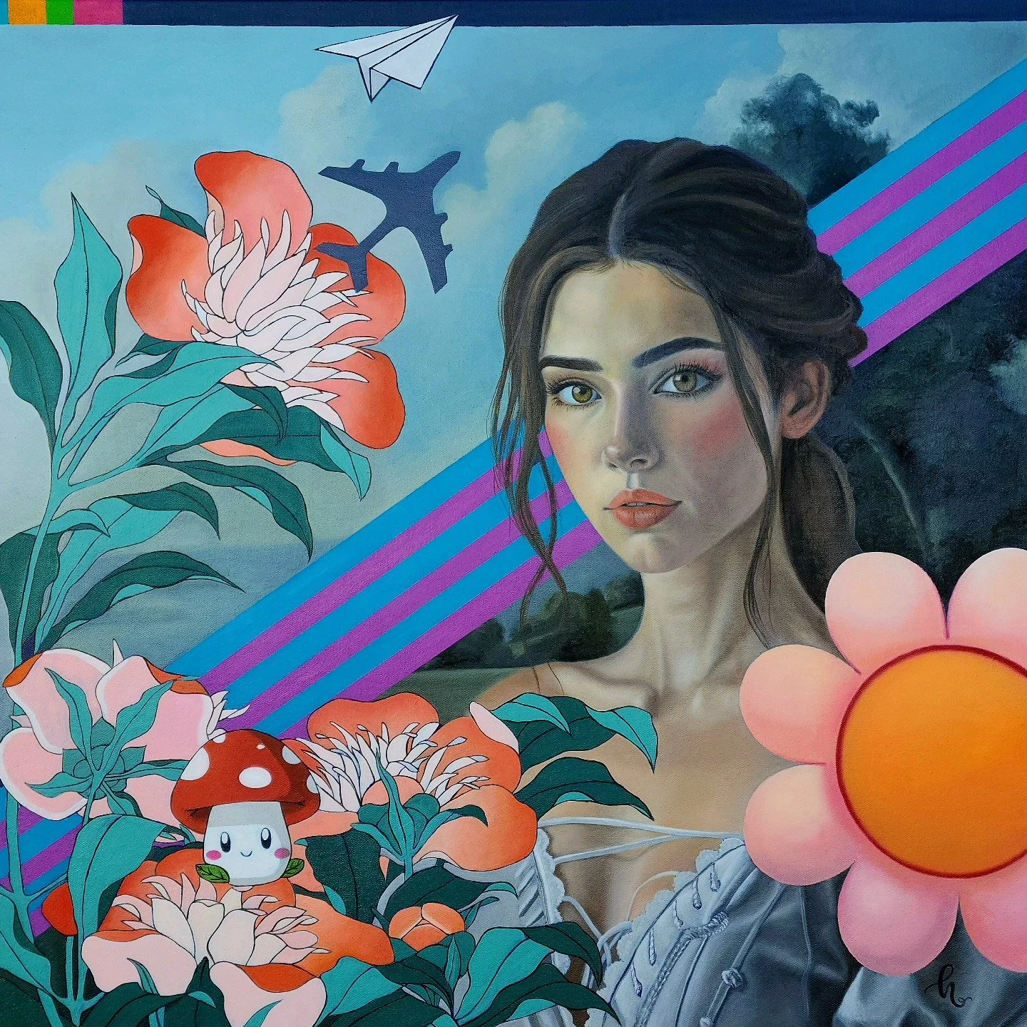 Watchful Bloom
Oil on canvas/linen
50 x 50cm

Available on website.

This piece explores the quiet strength of the feminine, set against a backdrop of blooming florals, childhood symbols, and skies split by time and memory. A daydream caught between 
