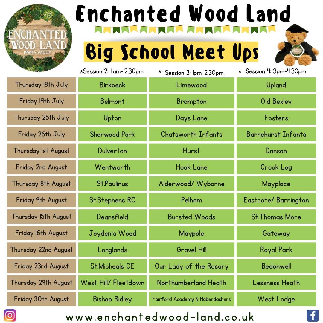 BIG SCHOOL MEET UPS&hellip;. are NOW OPEN! 🎓🐻🌳 

Thursday 18th July
11am- Birkbeck Primary, Sidcup 
1pm- Limewood, Erith
3pm- Upland Primary, Bexleyheath

Friday 19th July
11am- Belmont Primary, Bexleyheath 
1pm- Brampton Primary, Bexleyheath 
3pm