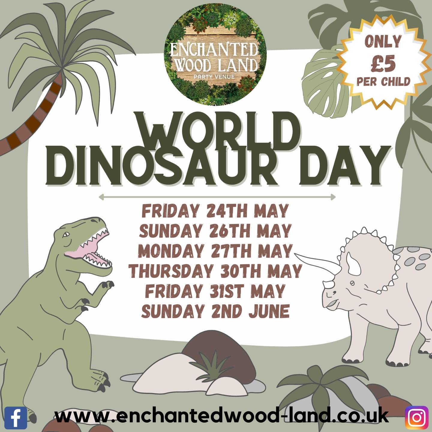 Are you Dinosaur HALF TERM READY? 🦖 🦕 

We are running a special week of dinosaur role play, playdough, small world and colouring station&hellip; all for just &pound;5 per child! 

Friday 24th May
9am- Brilliant Baby &amp; Terrific Toddlers
11am- D
