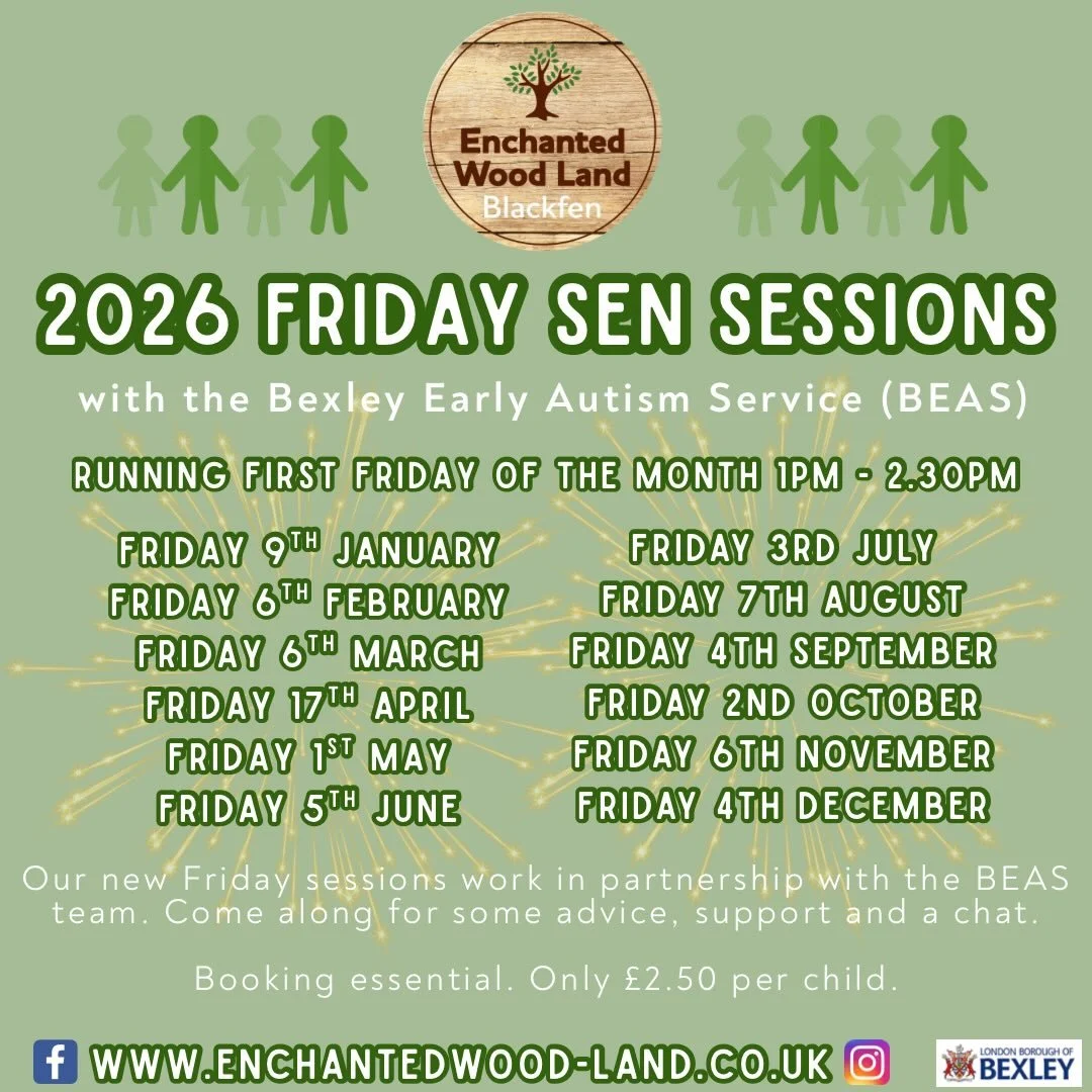 *Friday Play session with BEAS*

Come and see us next Friday&hellip;

Every first Friday of the month we run a special session at Enchanted Wood Land, Blackfen with BEAS (Bexley Early Autism Service.)

You can come and play in a safe environment, ask