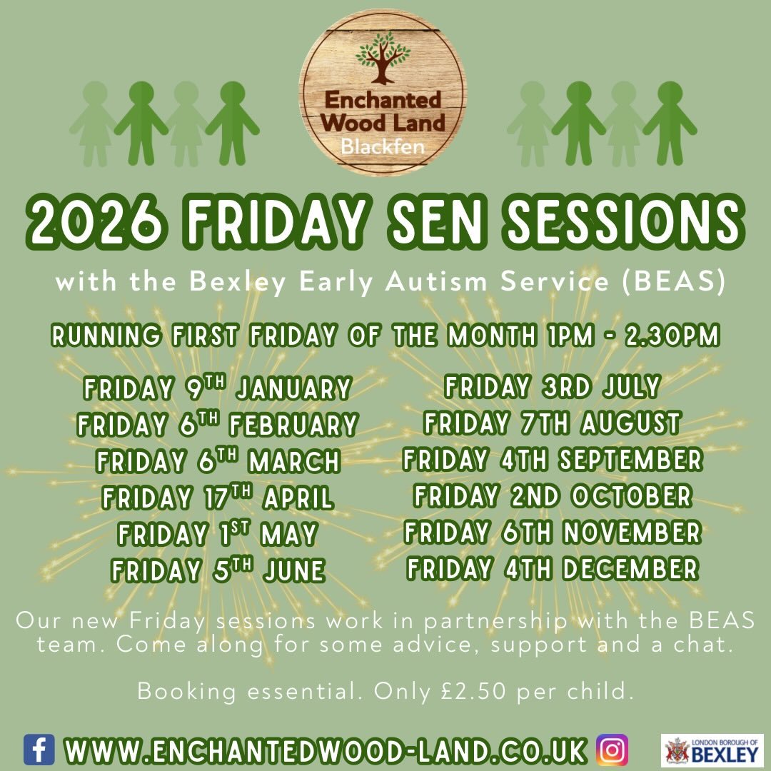 *Friday Play session with BEAS*

Come and see us next Friday&hellip;

Every first Friday of the month we run a special session at Enchanted Wood Land, Blackfen with BEAS (Bexley Early Autism Service.)

You can come and play in a safe environment, ask