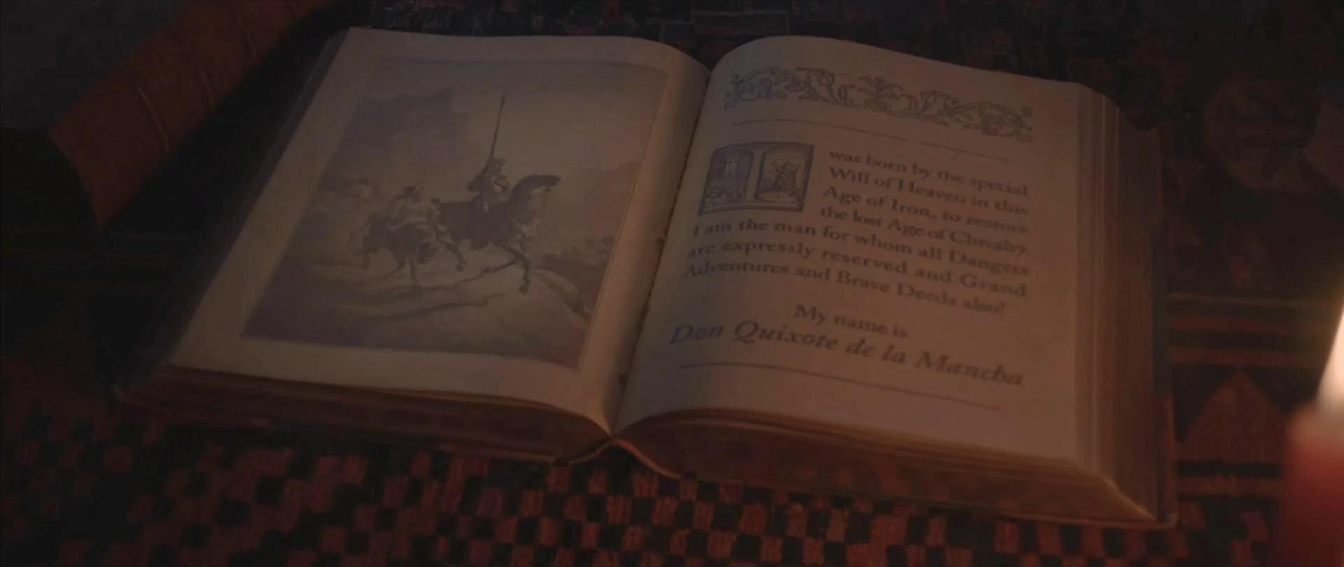 The film opens on an ancient book in Quixote's library, accompanying Jonathan Pryce's introductory monologue. The layout was designed to feel like the original 1605 edition of de Cervantes's book