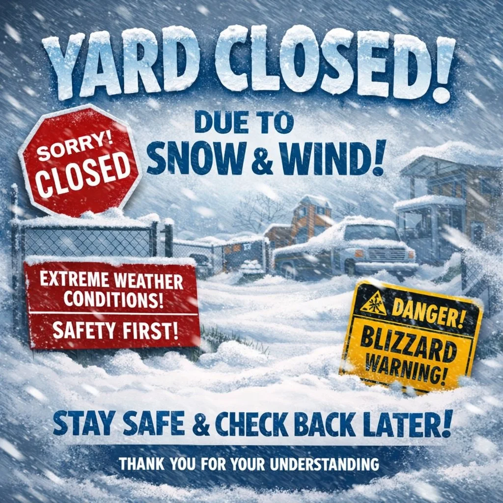 Due to weather conditions the yards will be closed for today! Sorry for the inconvenience. Yards will reopen tomorrow morning at 8 am!