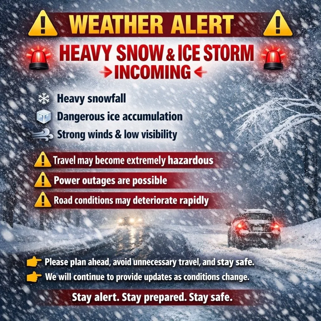 To all Jimbo drivers, there is a massive snow/ice storm heading into the south! To any drivers coming in and out of the south side please be alert of your conditions and news! If need be, pull over till weather betters or you are able to drive safely