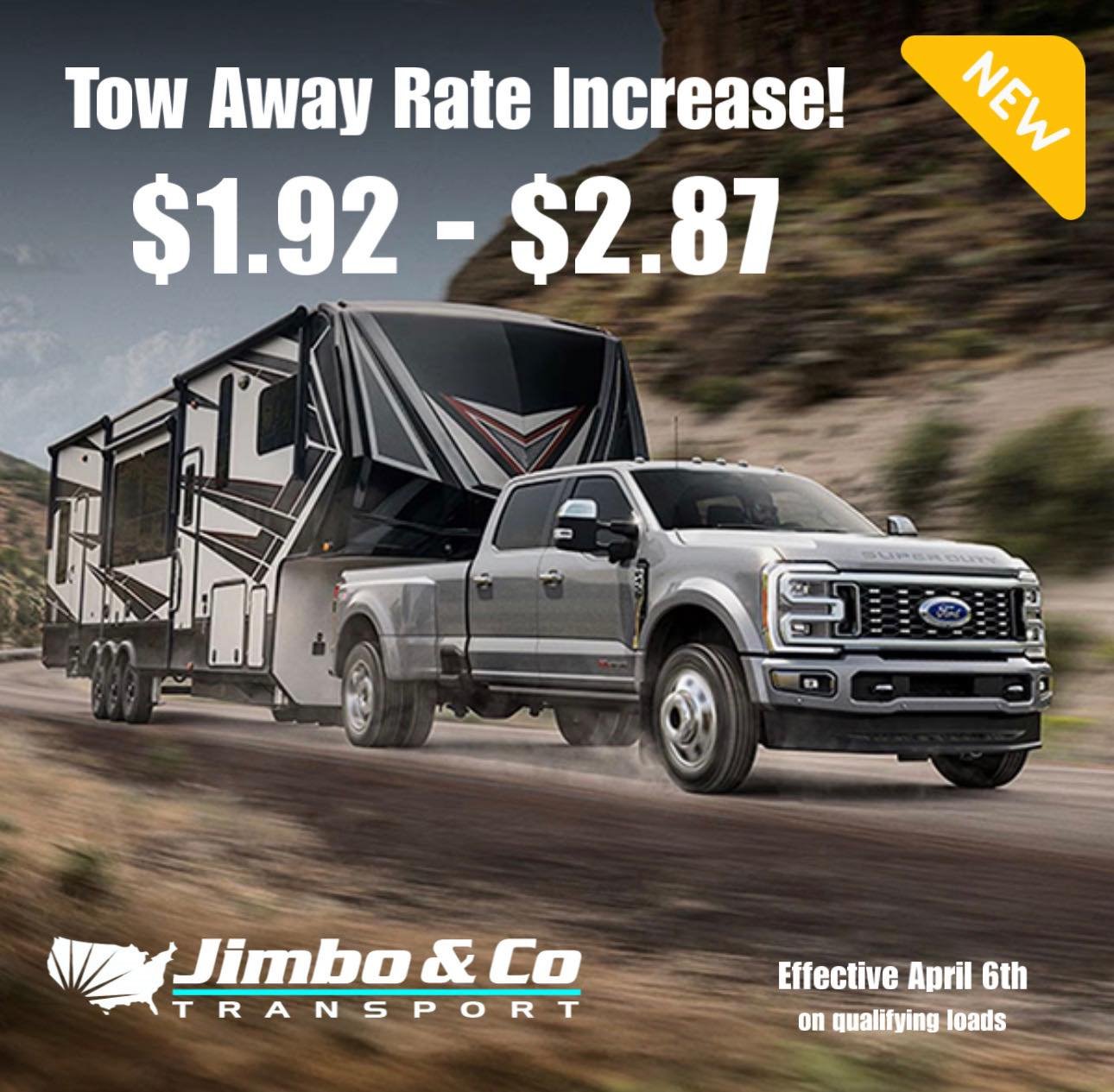 Earn More With Jimbo &amp; Co Transport! 🚛
Big news &mdash; we&rsquo;ve raised our rates again for RV and trailer hauls nationwide!
&bull;	Get higher pay on every mile you run
&bull;	Enjoy steady freight and fast payouts
&bull;	Run 48 states + Canad