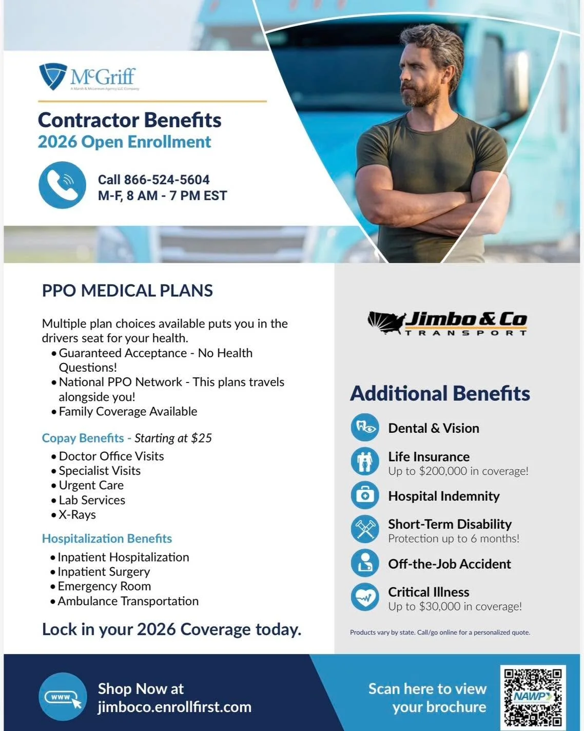 BIG NEWS from Jimbo &amp; Co Transport 

We Now Offer Benefits to Our Owner Operators!
We&rsquo;ve always believed our contractors deserve more than just great miles. That&rsquo;s why Jimbo &amp; Co has partnered with McGriff to bring you a full bene