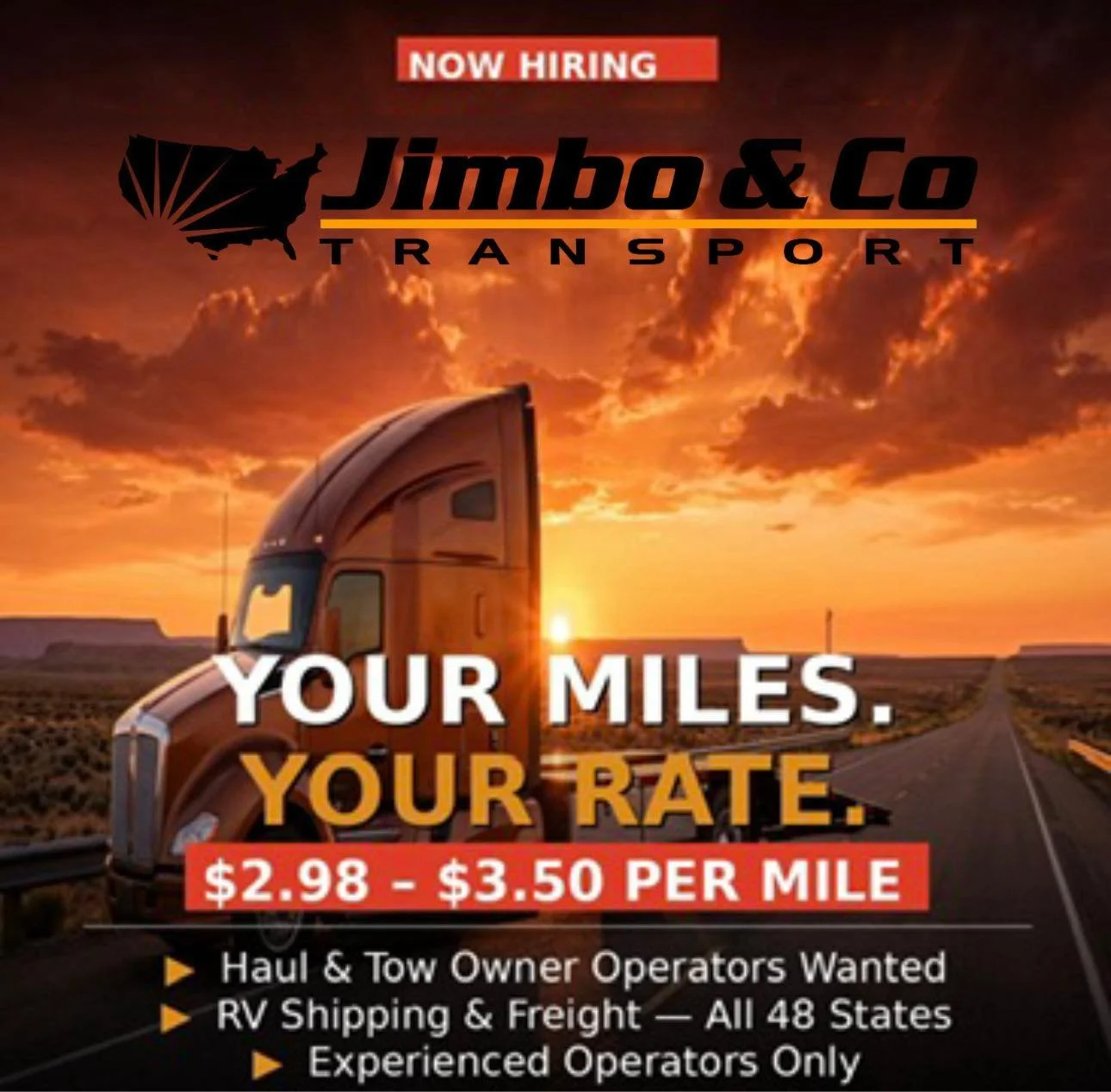 If you&rsquo;re hauling for less than $2.98 a mile, you&rsquo;re leaving money on the road.

Jimbo and Company Transport pays $2.98 &ndash; $3.50 per mile. No games. No bait-and-switch.

We run RV shipping and freight across all 48 states and need ow
