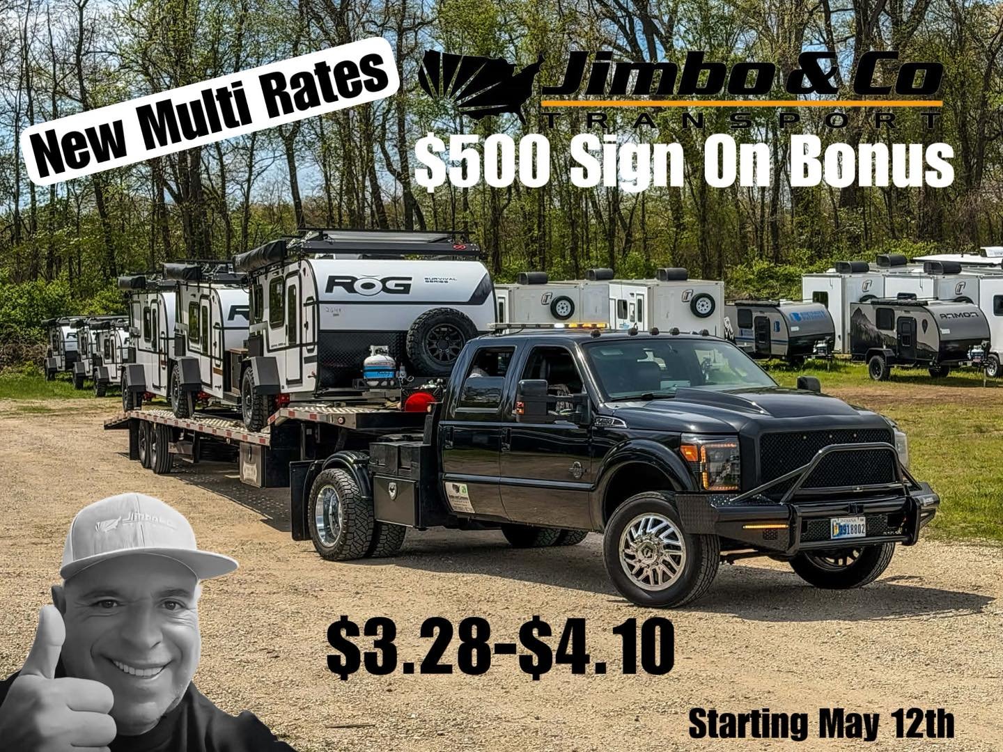 Big news for Multi Haul drivers.

Jimbo &amp; Co Transport is rolling out NEW Multi rates starting May 12th, with rates from $3.28 to $4.10 plus a $500 sign-on bonus.
If you&rsquo;re ready to haul with a company that keeps you moving, pays strong, an