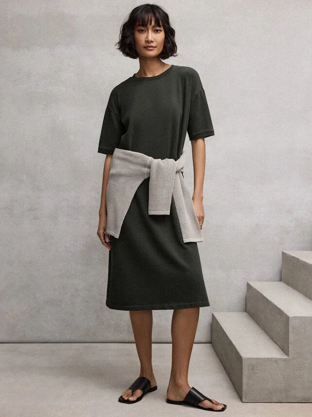 Eileen Fisher Crew Neck Elbow Sleeve Calf Length Dress