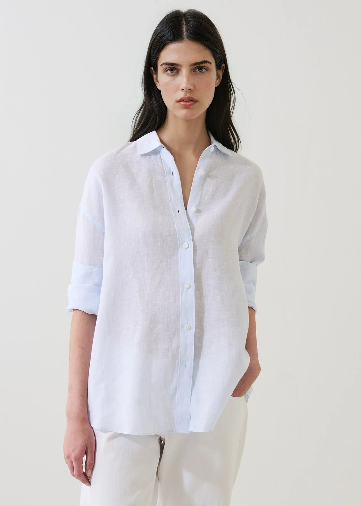 Patrick Assaraf Long Sleeve Linen Striped BF Shirt