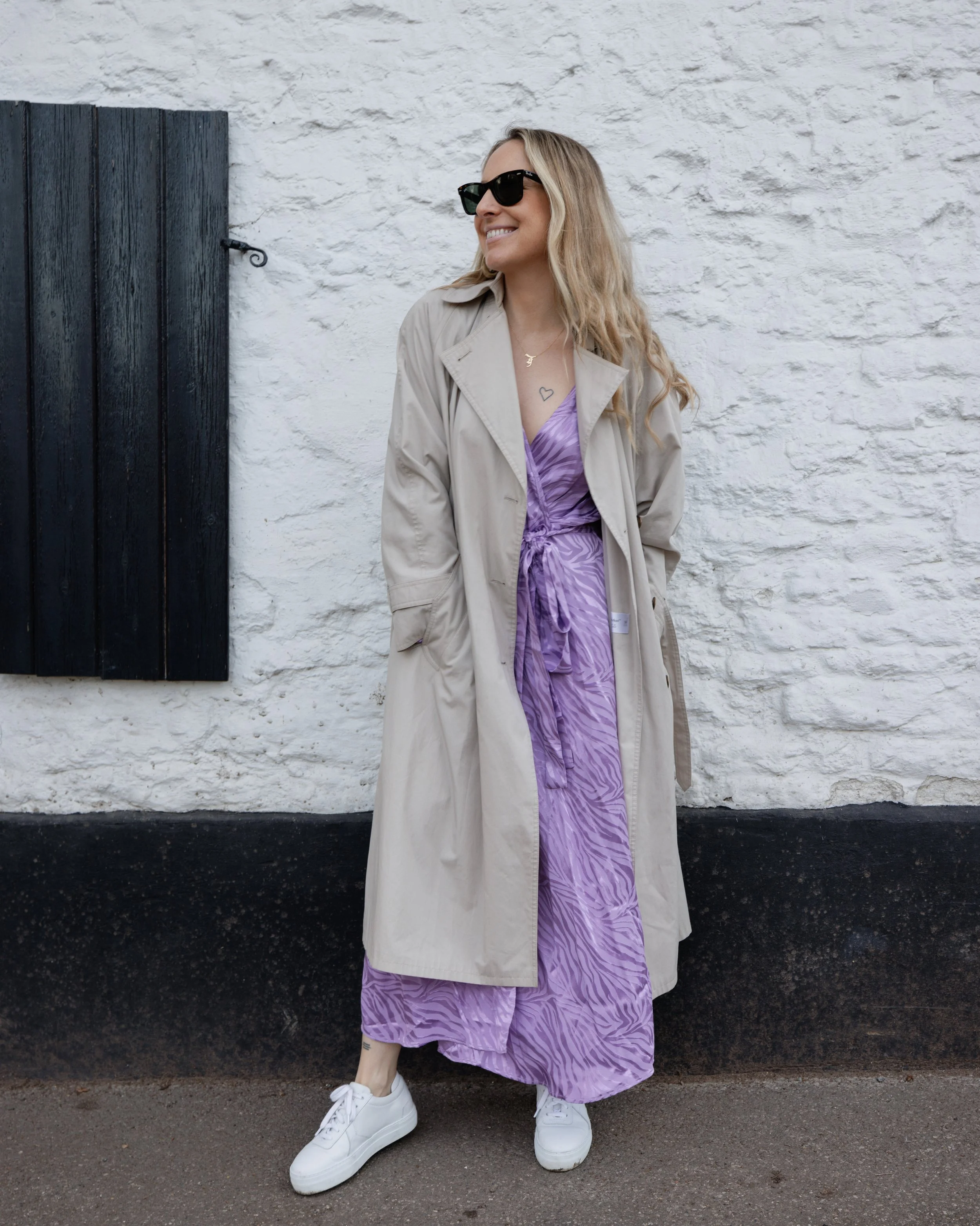 Trench weather: Lilac midi dress and trainers outfit