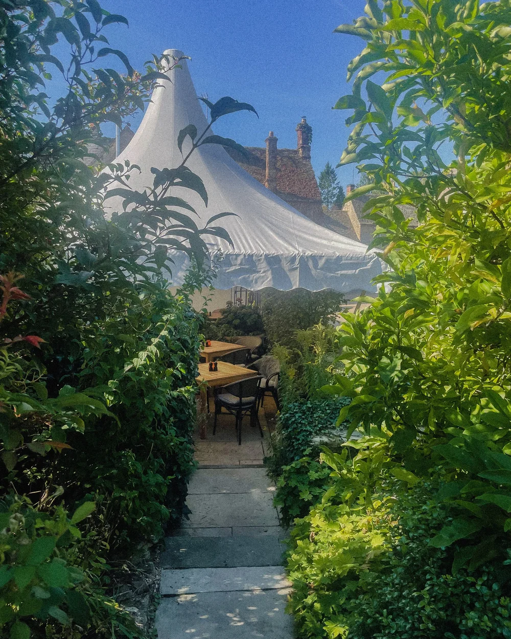 The back garden at The Wheatsheaf Inn in Northleach, Cotswolds