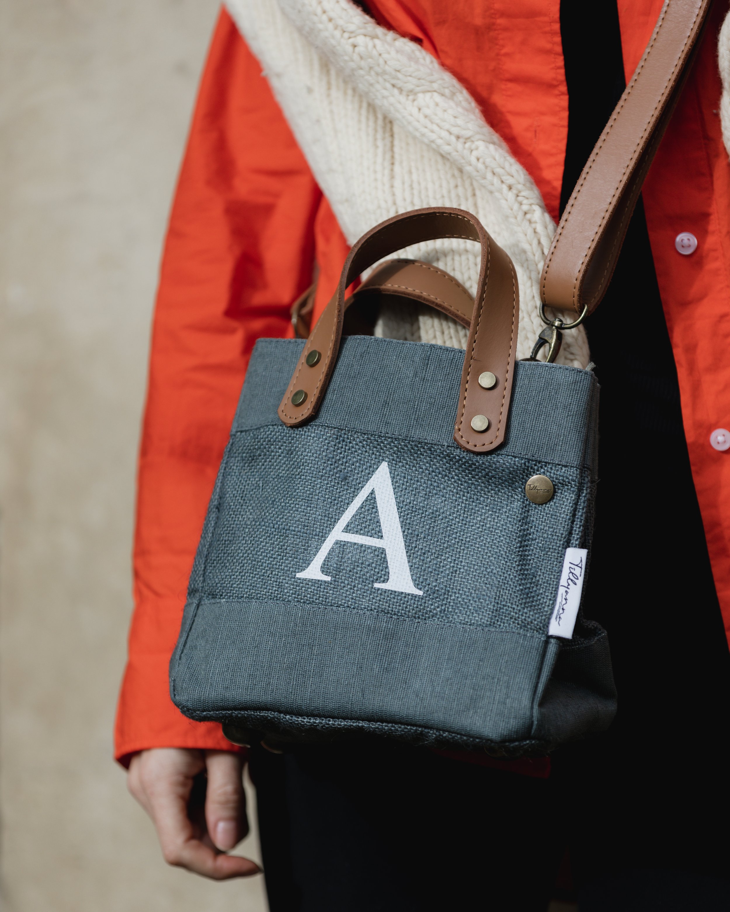 Product photographer Oxfordshire girl wearing small grey personalised Tillyanna bag