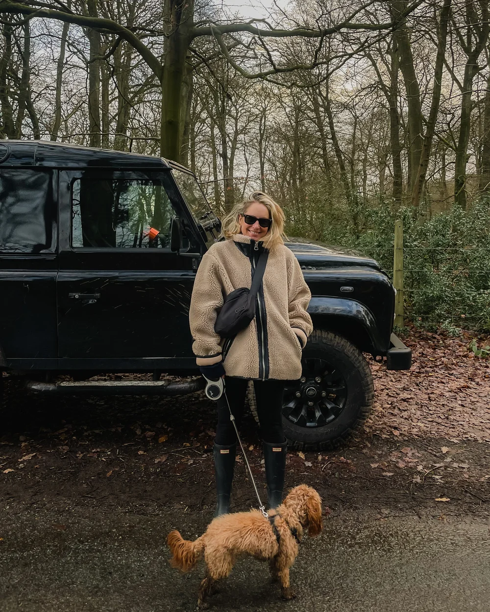Fleece cream coat dog walking outfit