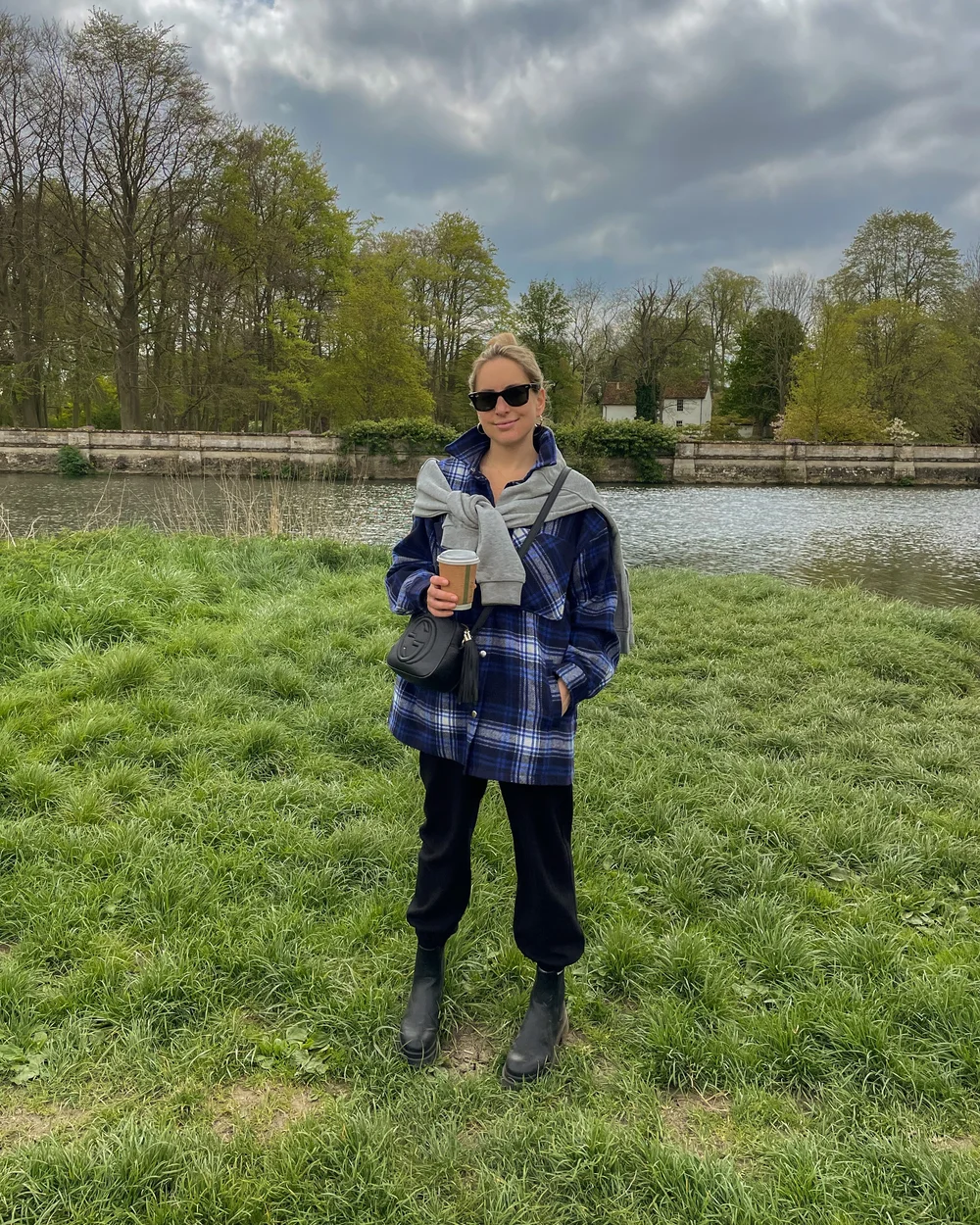 Check shacket and joggers dog walking outfit