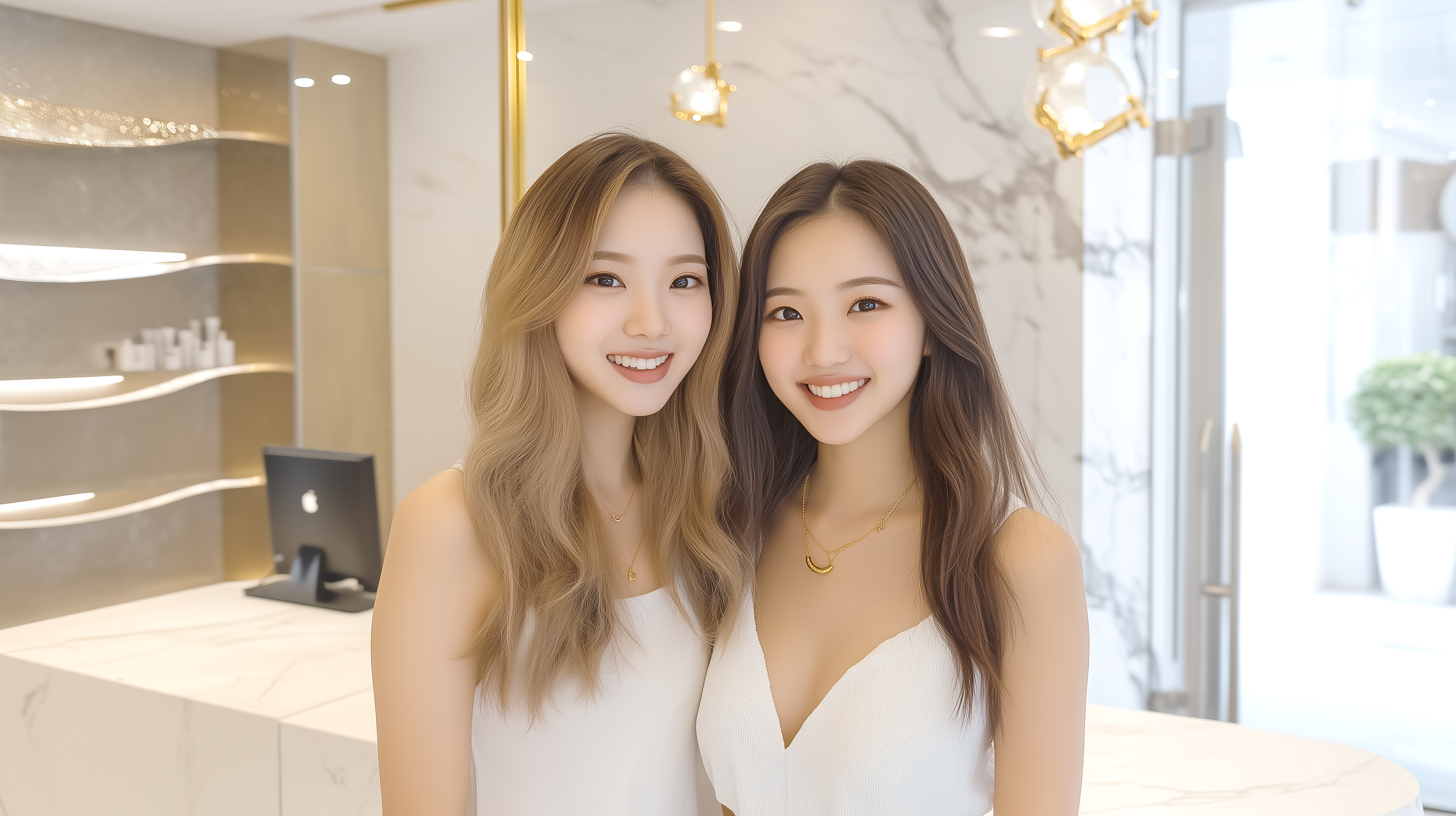Two young women with long hair smiling and posing together indoors, in a modern, stylish setting with marble and gold decor.  At The Brow & Beauty Boutique, leaders in eyebrow embroidery and skin artistry.