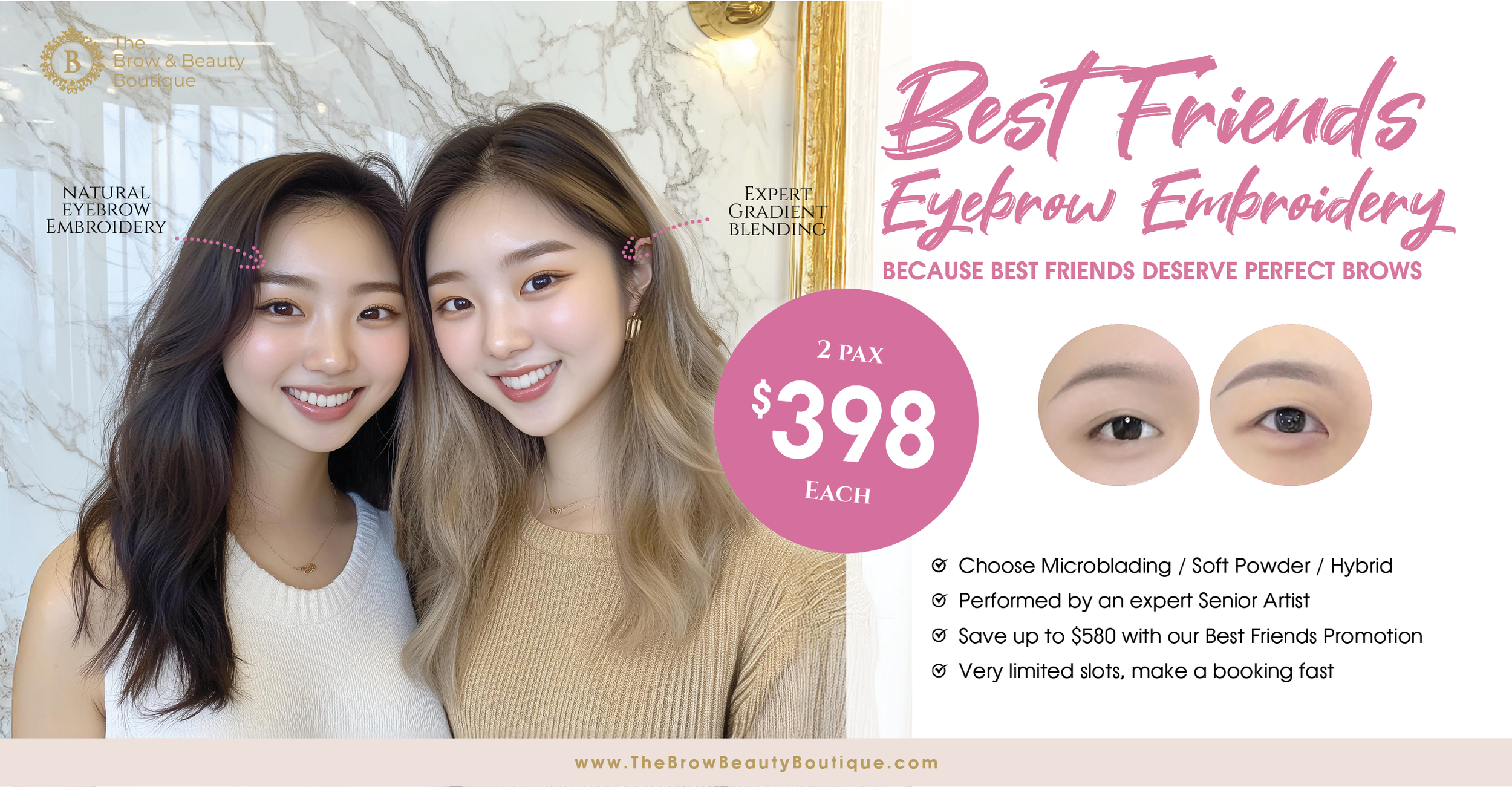 Advertisement for eyebrow embroidery services featuring two women with natural eyebrows and expert blending, promoting a special price of $398 for two sessions, with details on options and the location of The Brow & Beauty Boutique.