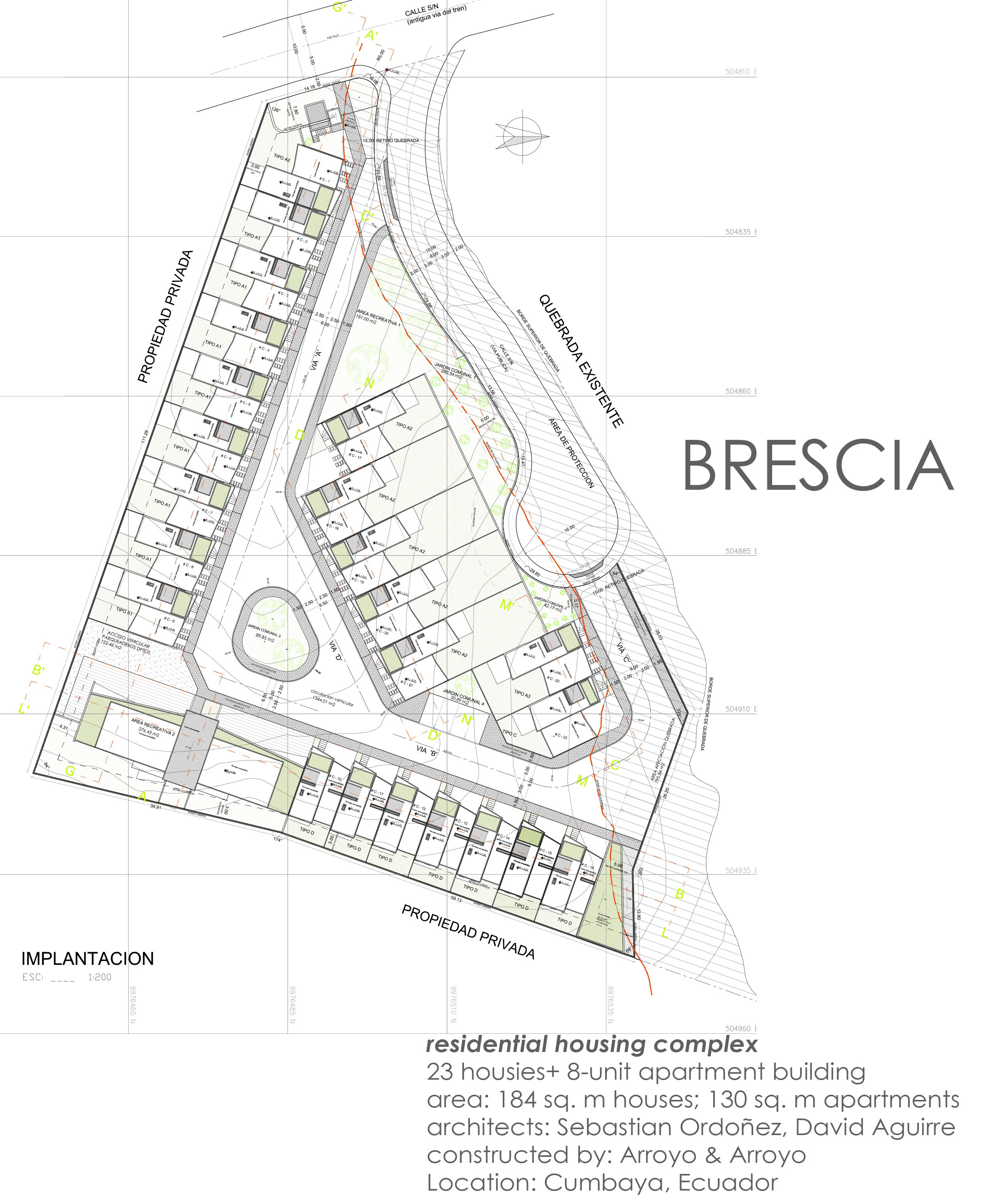  The site is triangular in shape with a slight negative slope towards the Cumbaya valley. The city code allowed us to build up to 2 story houses or blocks, for the maximum occupation and number of units we projected 3 blocks of row houses of 2 storie