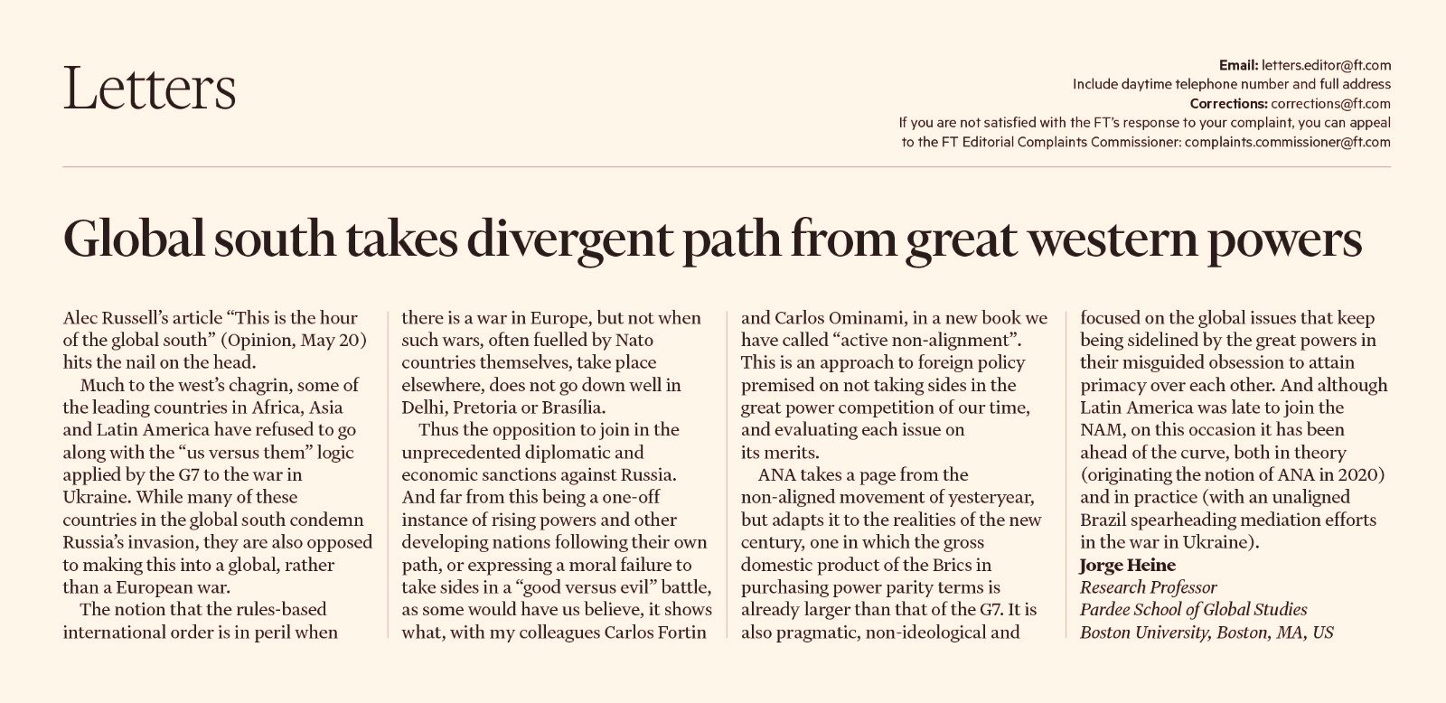 Letter to the Editor: Global south takes divergent path from great western powers