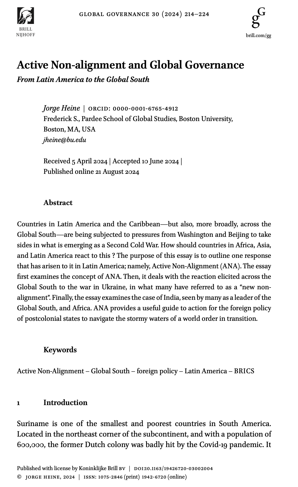 Active Non-alignment and Global Governance: From Latin America to the Global South