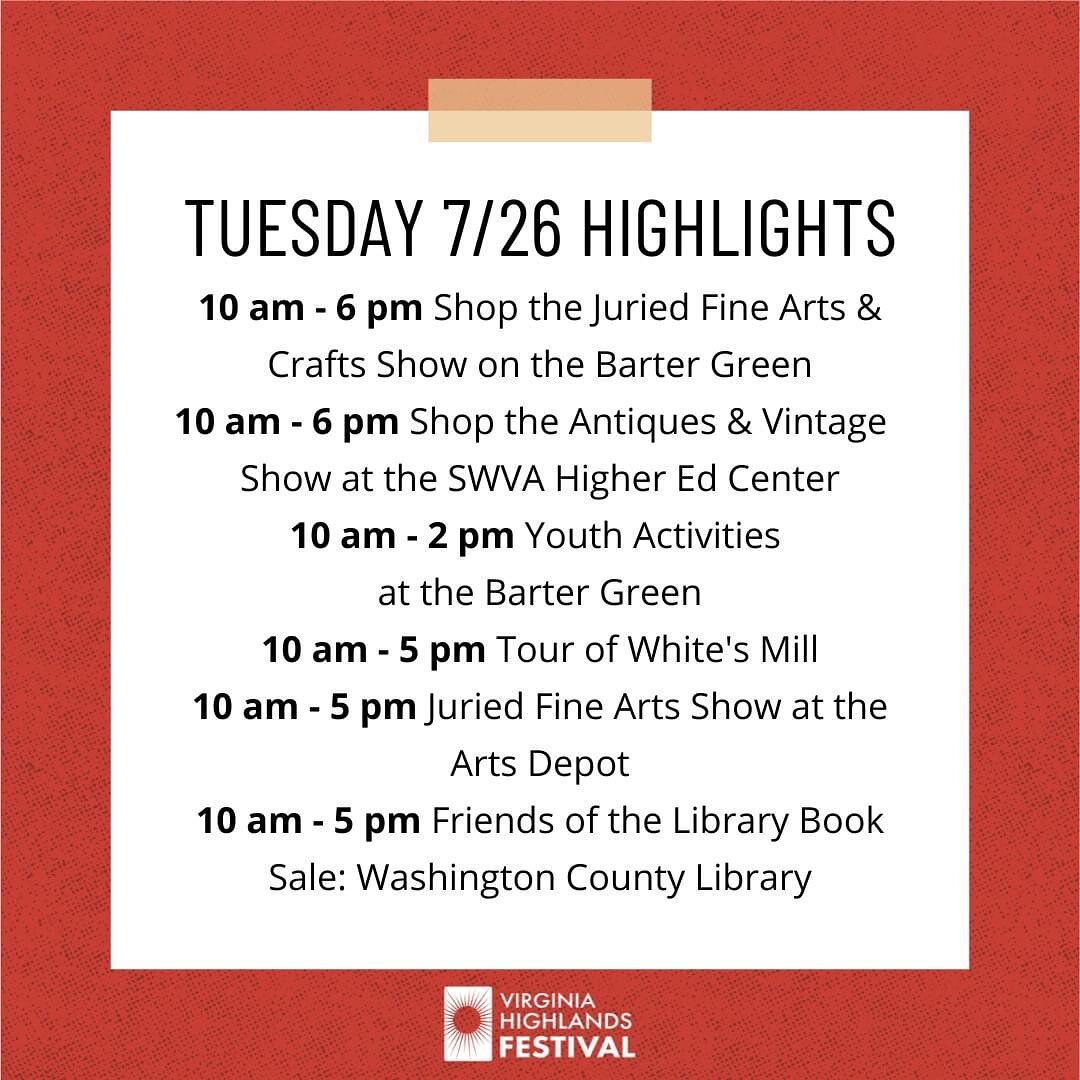 The Festival is in full swing! Here's what's happening on Tuesday, July 26. 

Please take note of the Youth Activities: Storytime with Hugh Belcher at The Girl &amp; The Raven and kids yoga with Whitetop Yoga- Abingdon VA.

#virginiaisforlovers❤️ 
#v