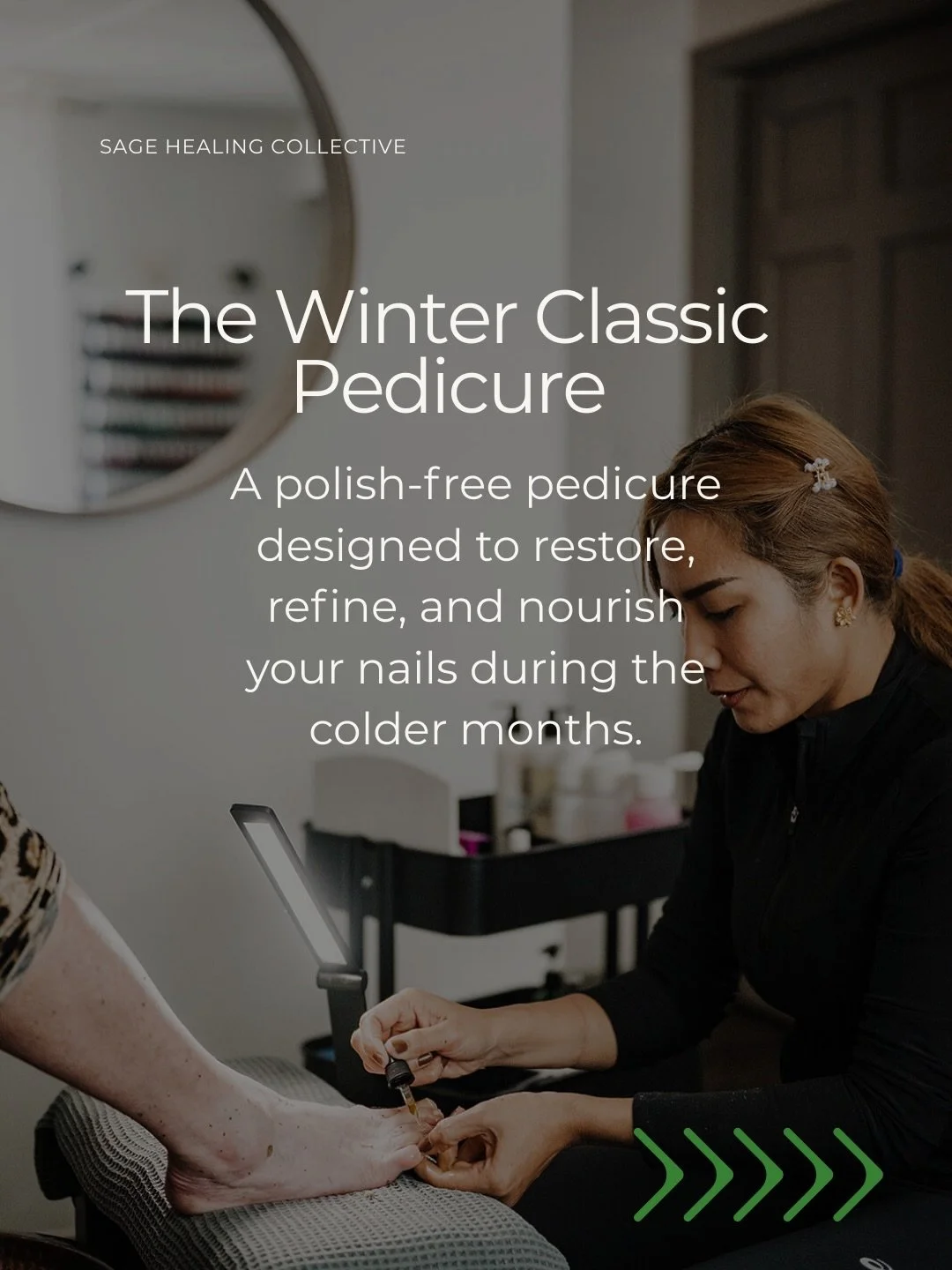 ❄️ The Winter Classic Pedicure ❄️

Winter is nail health season. Cold air, dry skin, and boots can leave nails brittle and cuticles stressed&mdash;so we created a polish-free pedicure focused on restoration, hydration, and natural shine.

✨ Nail shap