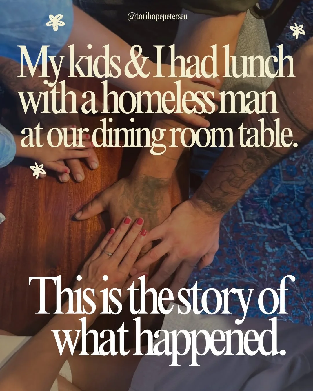 My kids &amp; I had lunch with a homeless man at our dining room table. This is the story of what happened, and how I realized, we SHOULD be concerned about how being hospitable to the most vulnerable may affect our kids.

We should help &amp; love p