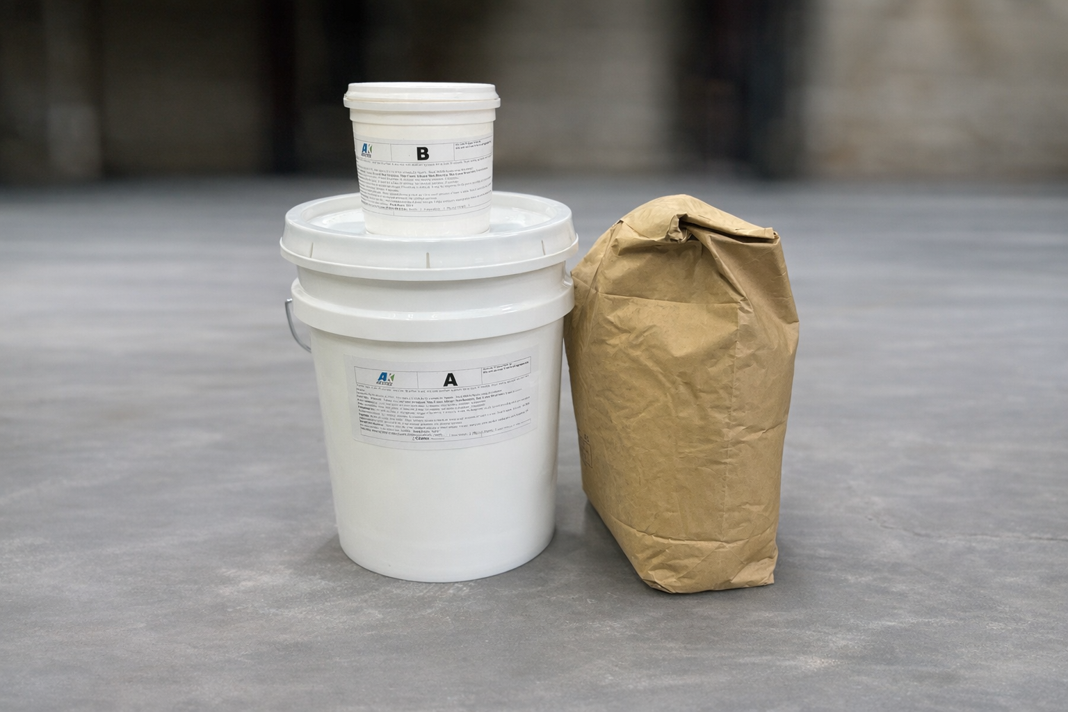 Uni-Cote Patch Kit for repairing spalled or damaged concrete packaged and in a warehouse