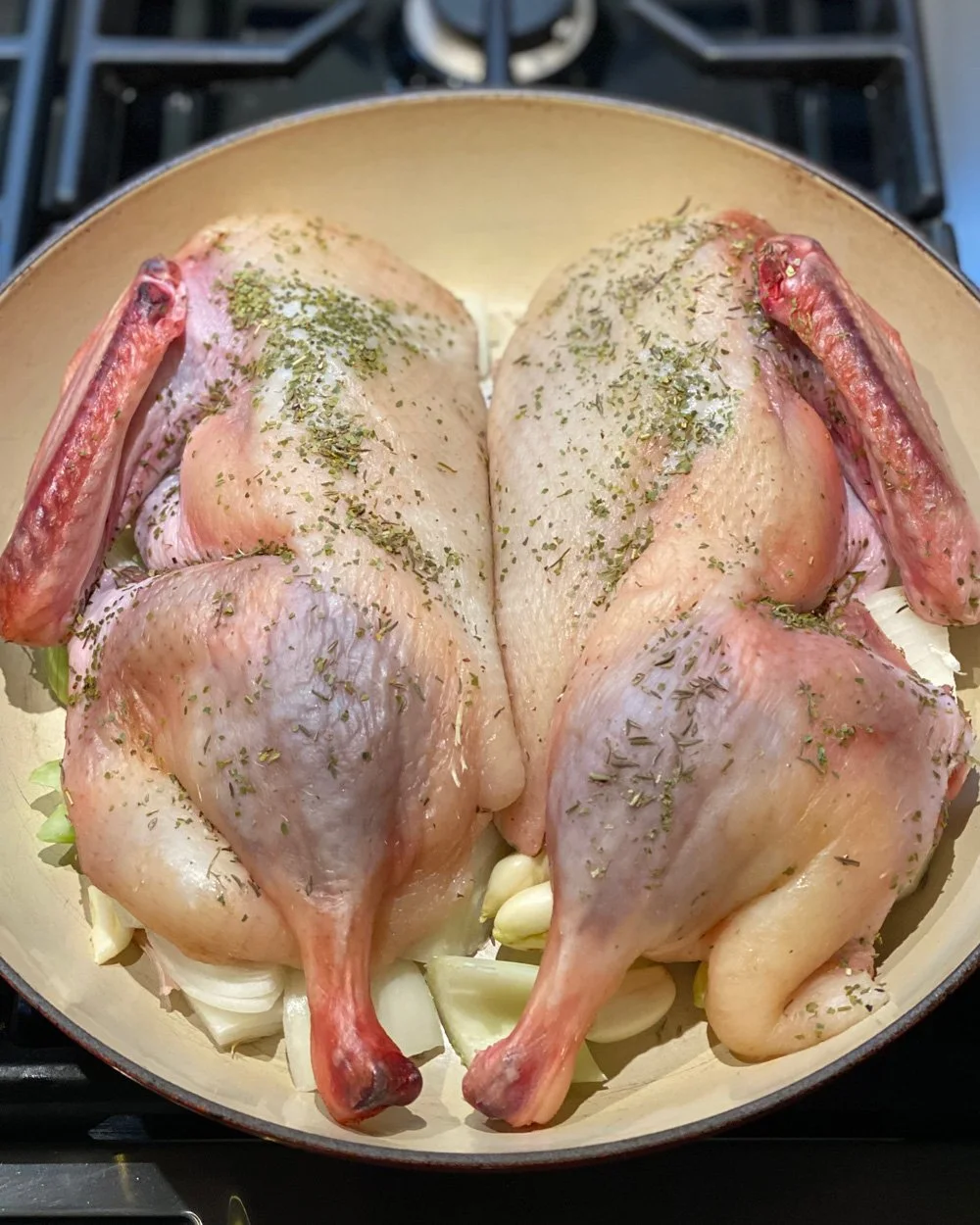 Duck on aromatics before going into the oven.