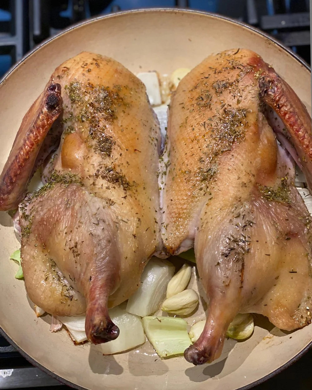 Duck after 10 minutes in high heat convection oven.