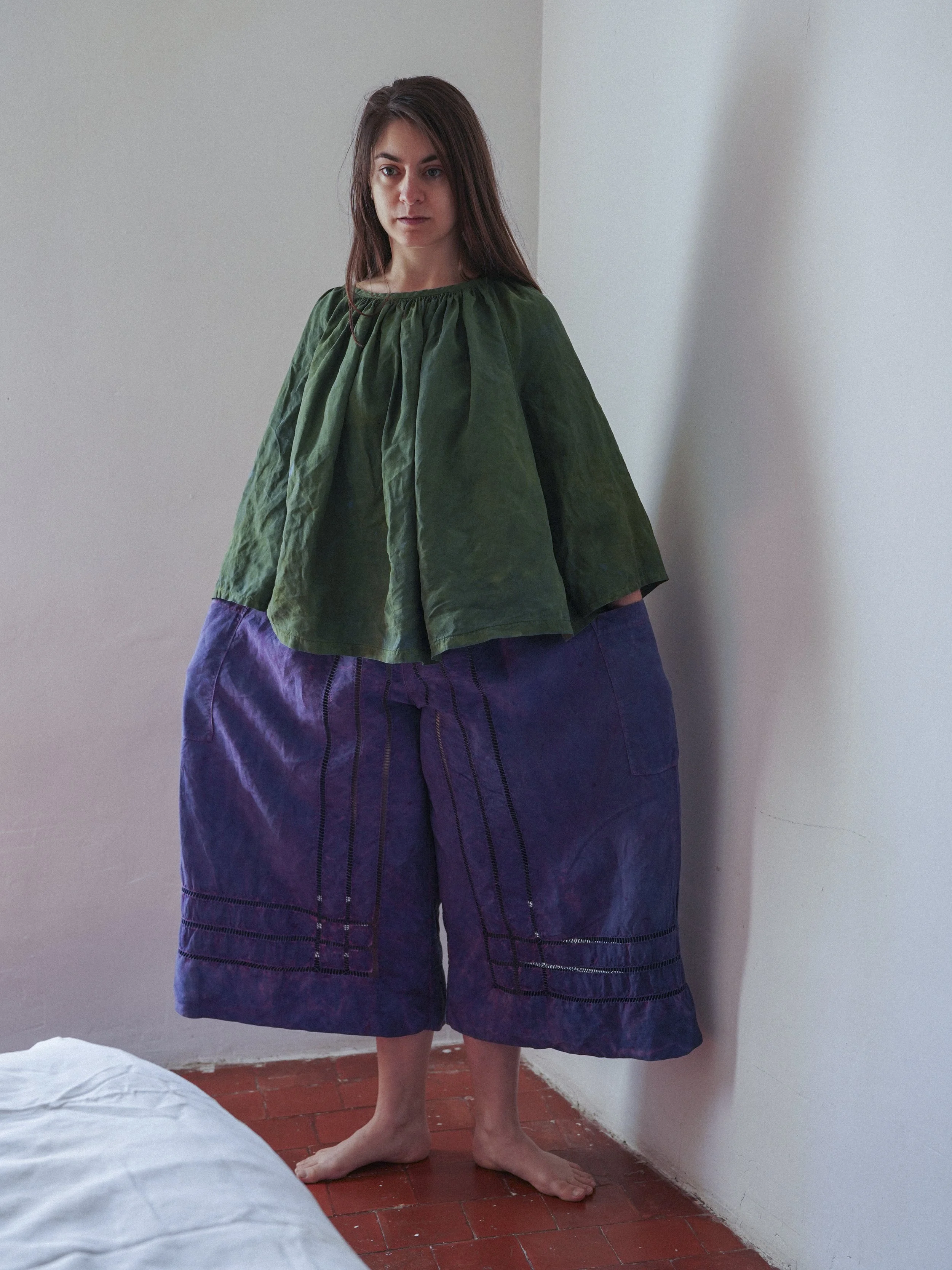 Xtra wide leg pants -naturally dyed purple with indigo and cochineal - vintage linen - xs/s