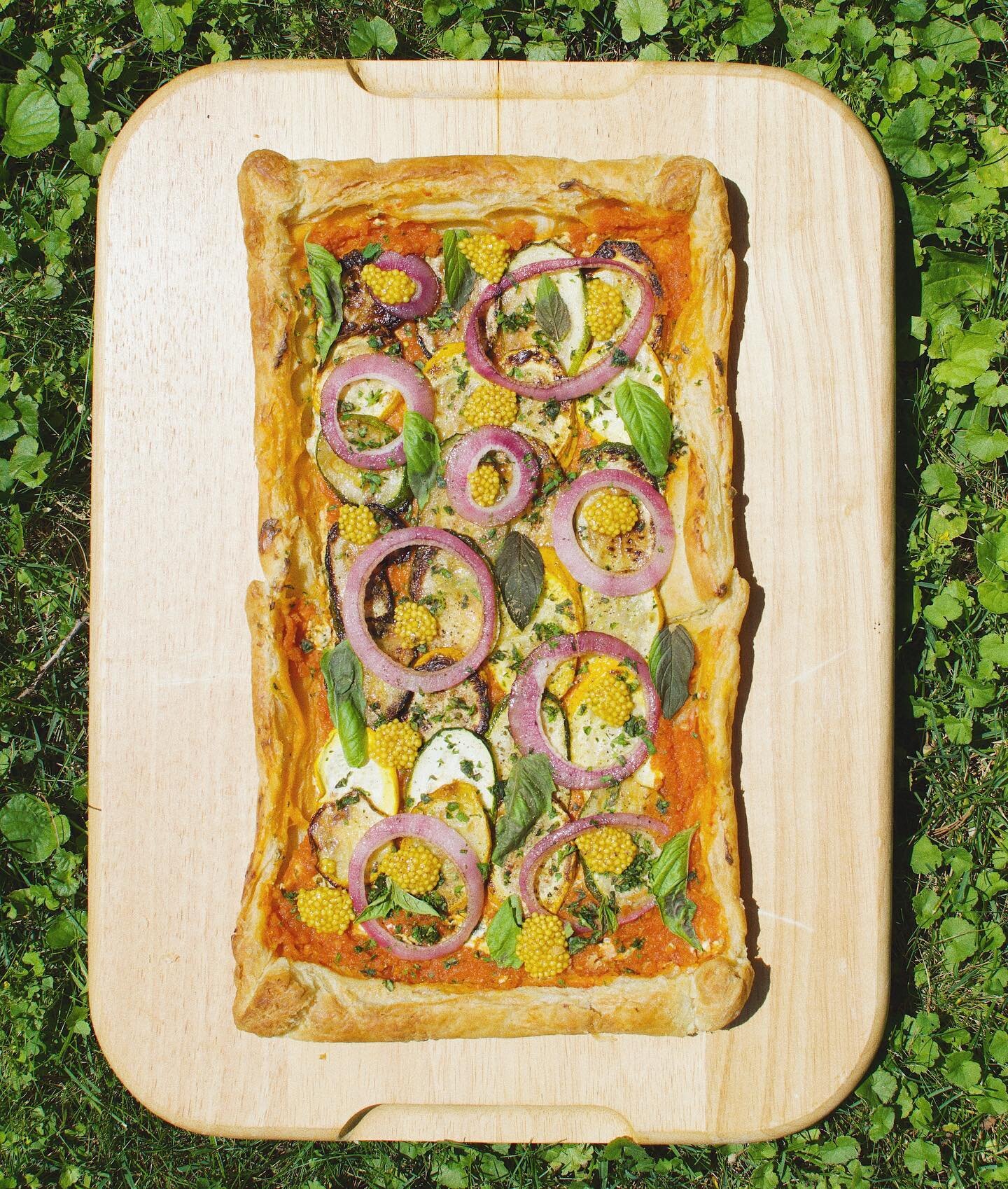 puff pastry, herby cream cheese, fermented tomato pulp, zucchini, red onion, fermented mustard. SUMMER!!!!!