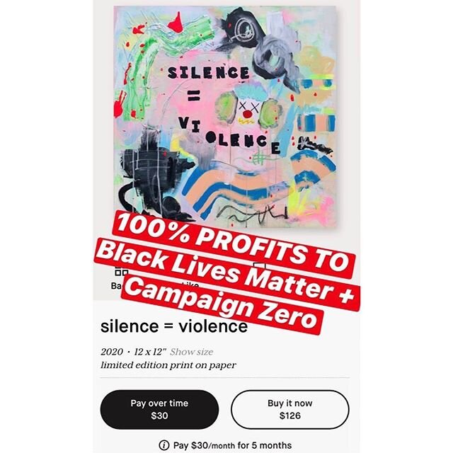 @artinres and I will be donating 100% of profits from this print to @blklivesmatter @campaignzero through June 10th. (@artinres will also be donating their profits from ALL of my pieces).
As low as $30/month installments.
LINK IN BIO