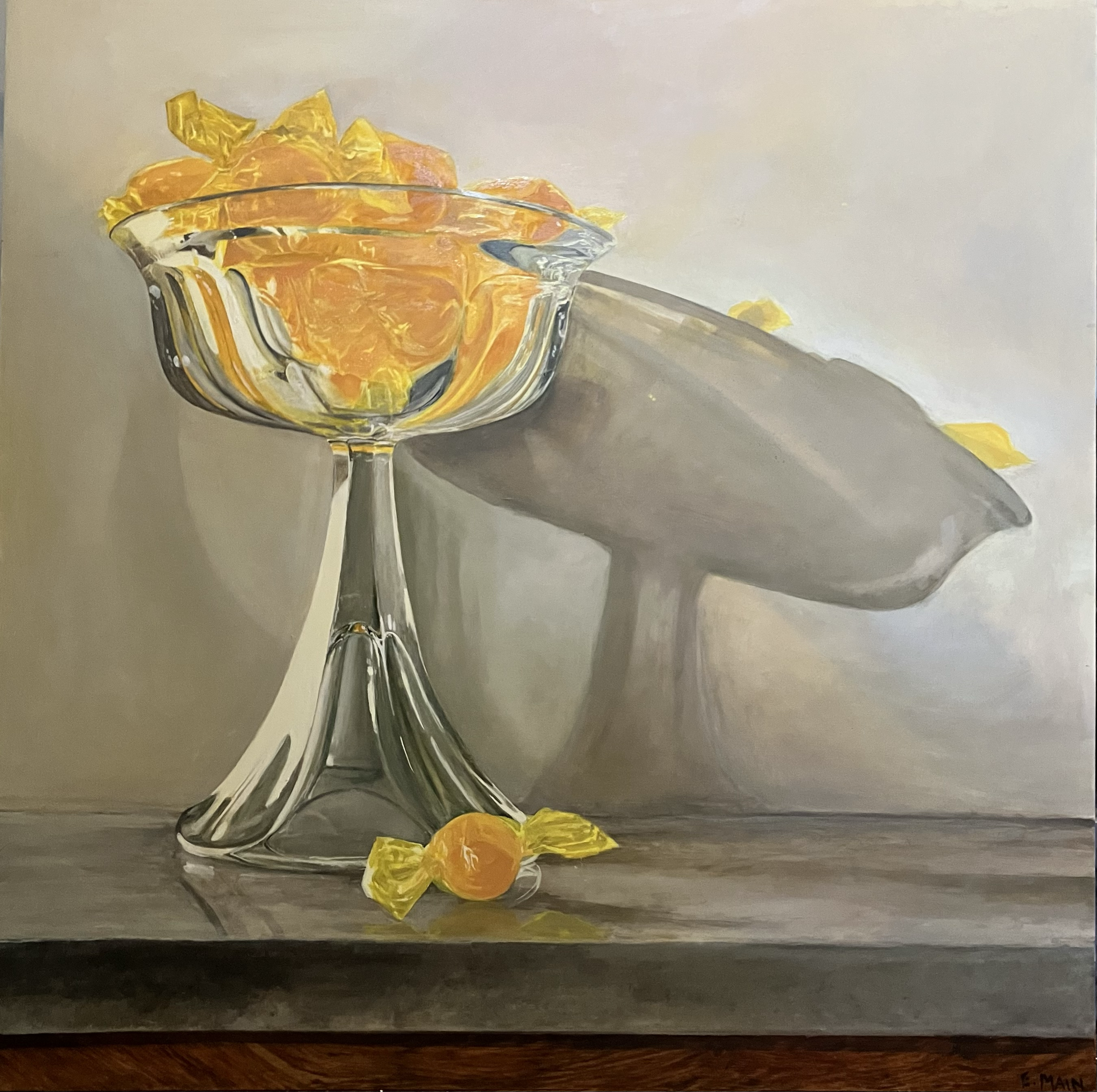 EmilyMain-Piece2-Butterscotch in glass dessert bowl-30”x30”-Oil on Birch - Emily Main.png