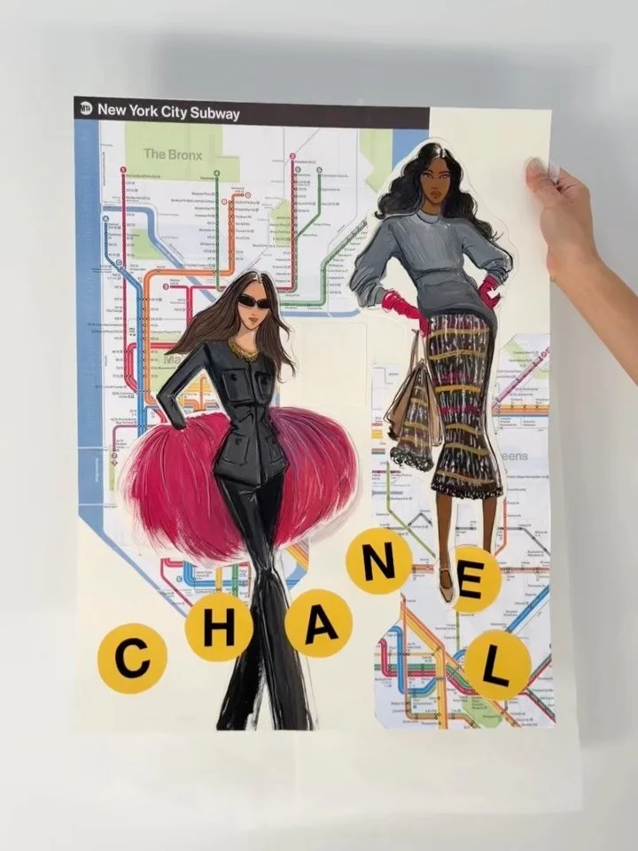 For my final fashion illustration project, I married elements from the @mta subway and @chanelofficial M&eacute;tier D&rsquo;Art 2026 fashion show in NYC 🤍 Collaging together the subway map and train line typography with looks designed by @matthieu_