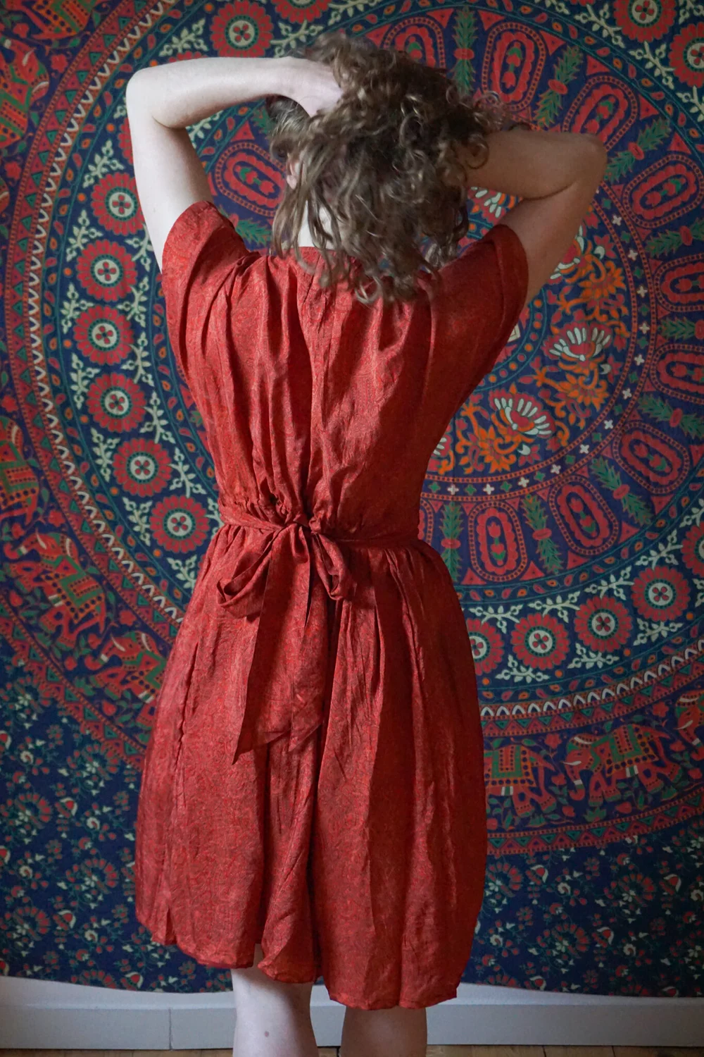 Dress Red Little Flower One Size Fits All Tilde Upcyled Indian Sarees