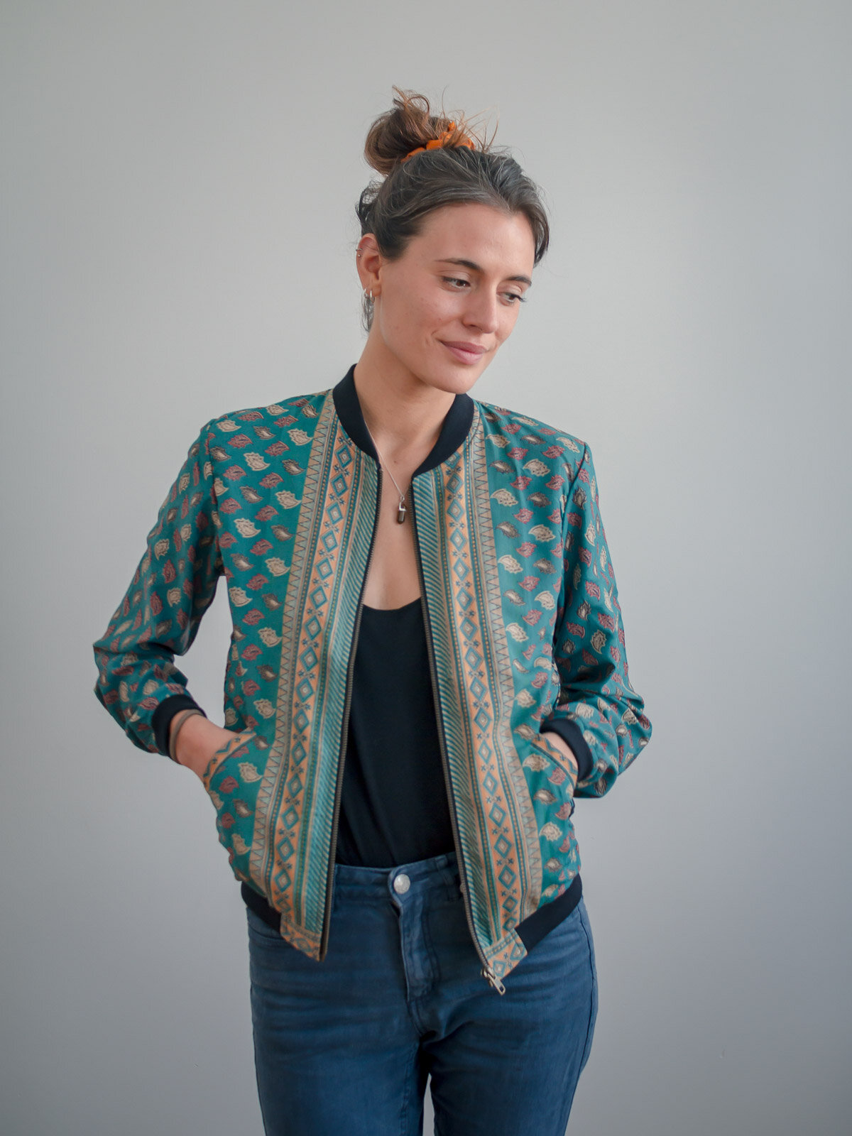 green silk bomber jacket