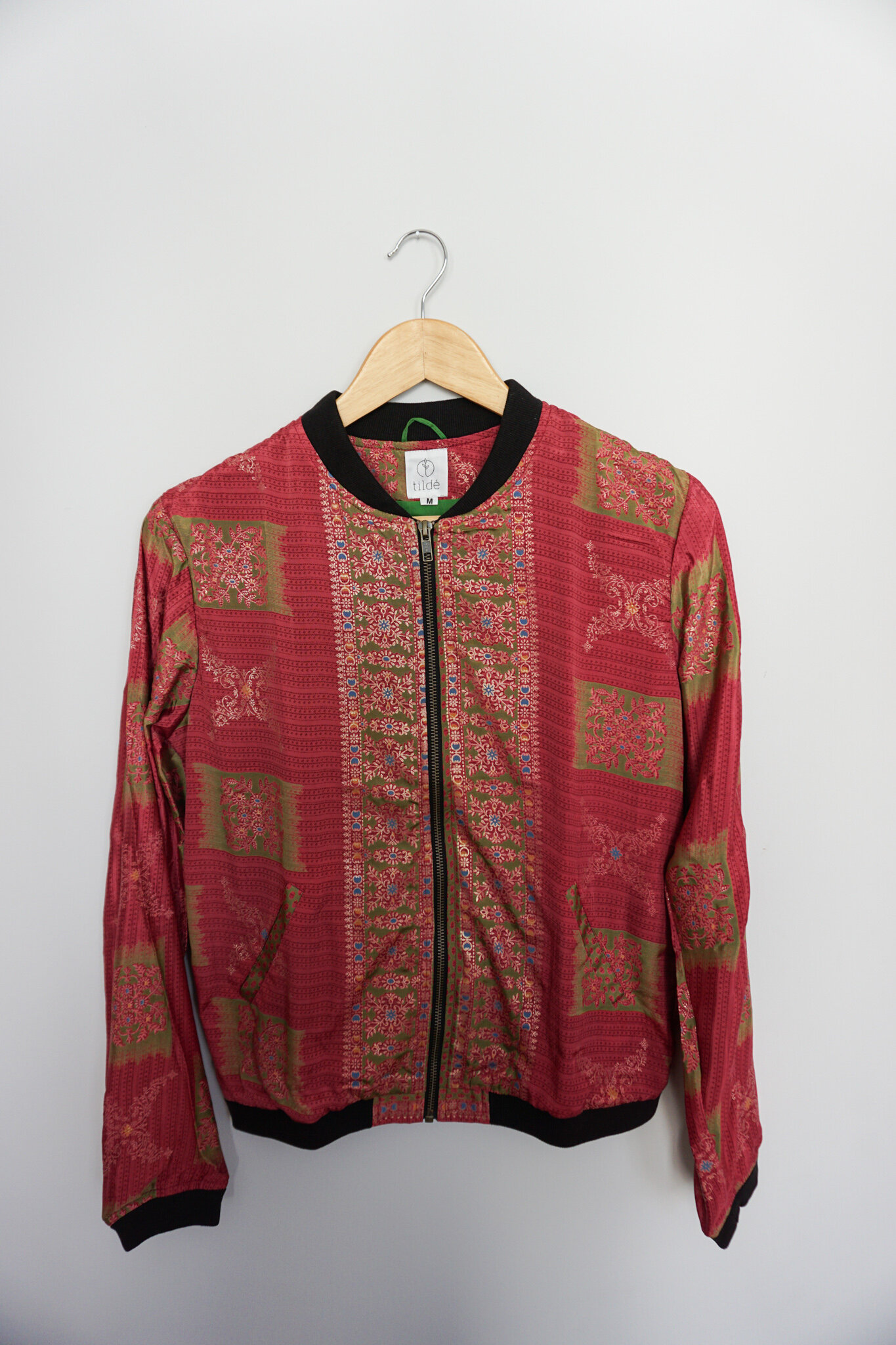 pink block denim jacket