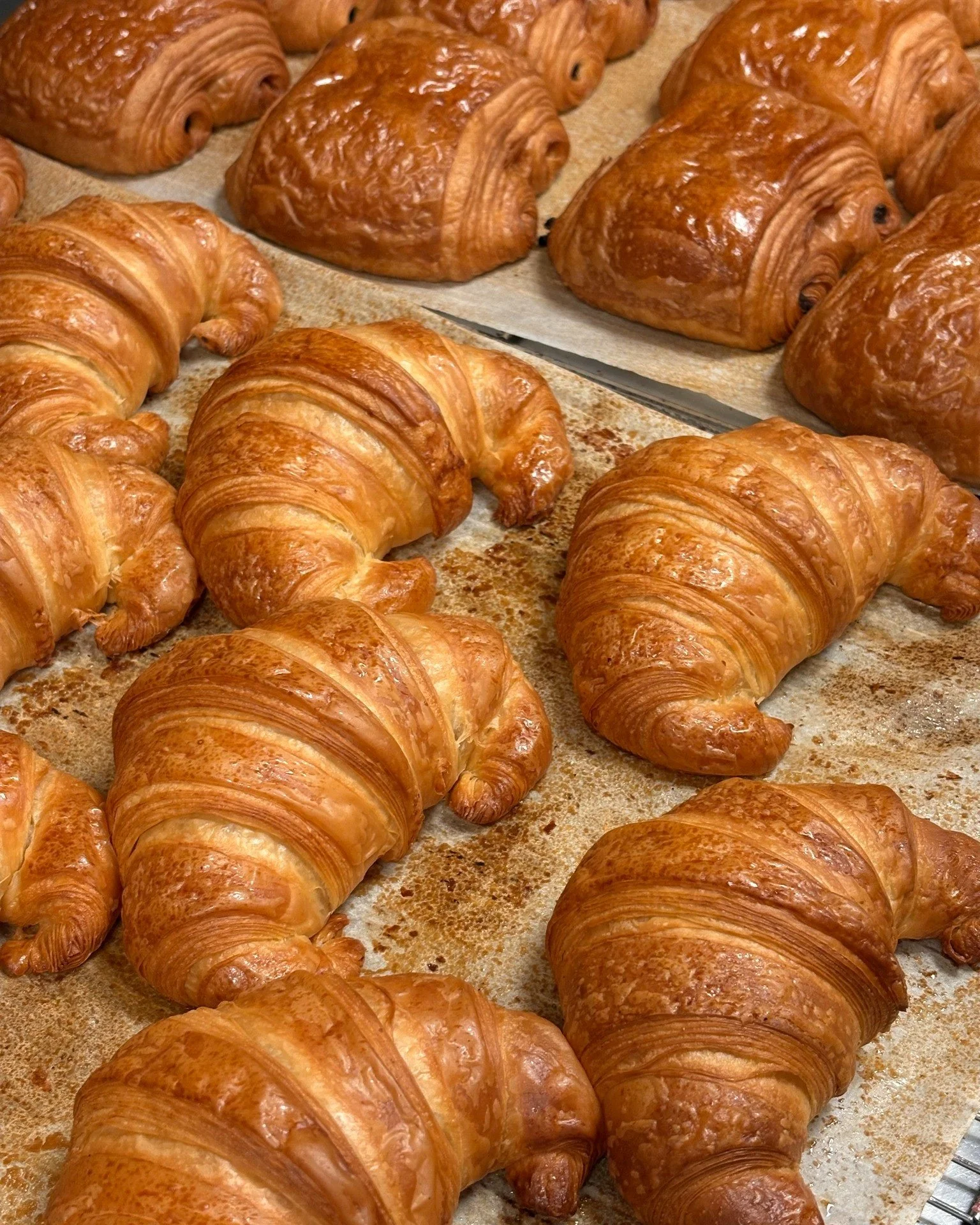 Croissants et pains au chocolat tout juste sortis du four, pour bien commencer la journ&eacute;e 🥐🥐🥐

#maisonnivon #viennoiseries #faitmaison #croissant #painaauchocolat #boulangerie #valence