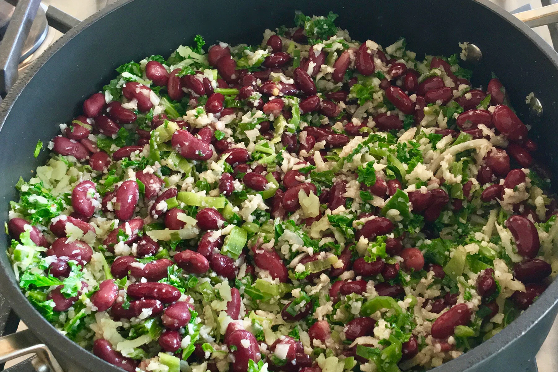 Cauliflower "Rice", Kale + Kidney Beans