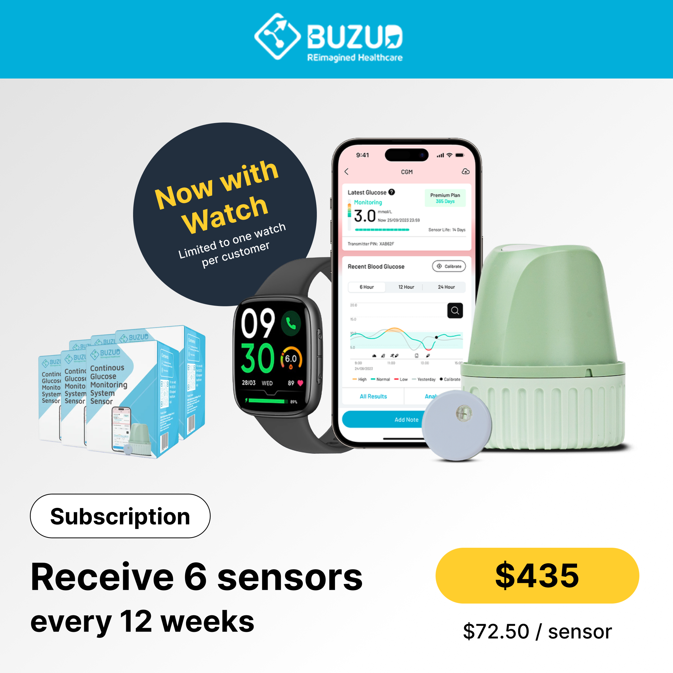 BUZUD Continuous Glucose Monitor (CGM) 2.0 (Quarterly Subscription, 6 Sensors)