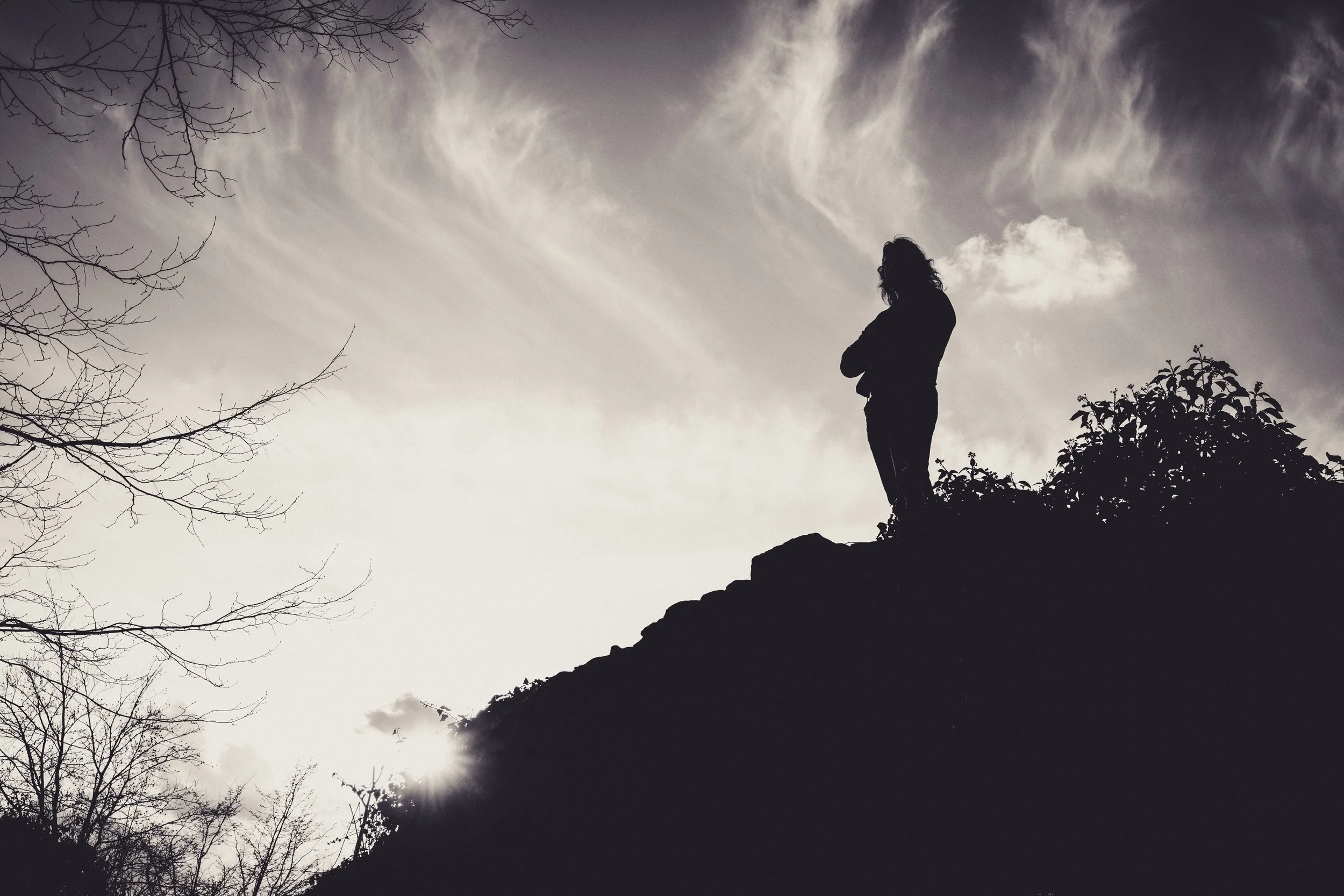 Schatten einer Person, die auf einer Klippe steht, umgeben von Baumzweigen und Wolken am Himmel bei Sonnenuntergang.