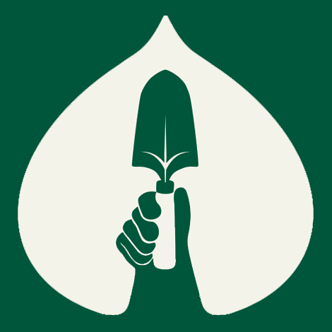 One Small Garden trowel and glove logo in dark green on white leaf shape