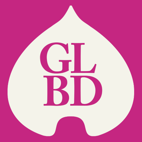 GLBD letters in magenta on white leaf shape