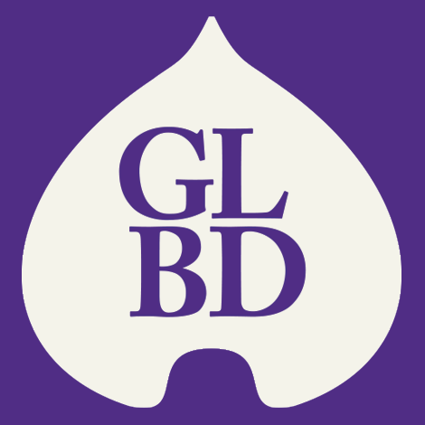 GLBD letters in purple on white leaf shape