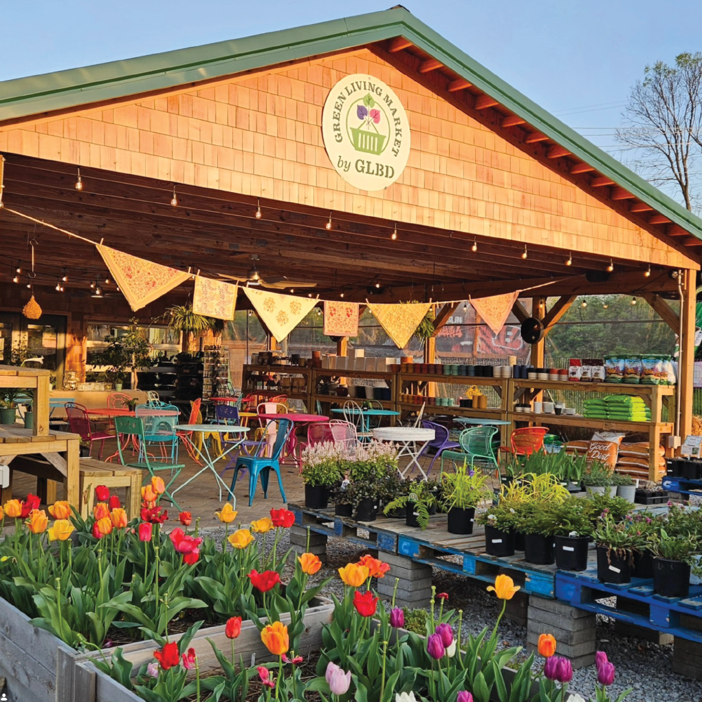 Image showing the front of the Green Living by Design Market space with fresh plants and flowers out front and a colorful seating area under the wooden shelter..